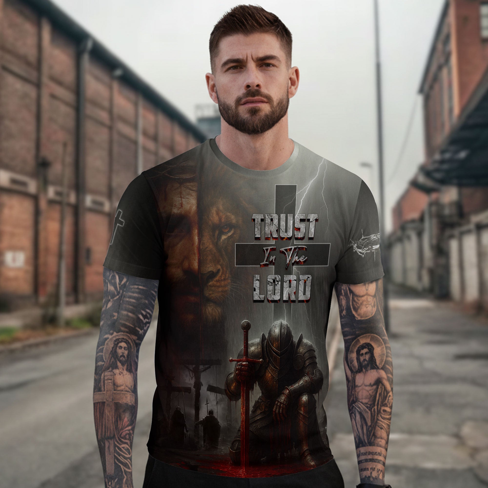 RustField Co Freedom Shirts - Trust In The Lord Knight and Lion Cross, Christian Tee Shirts for Men - Rust Field Wear