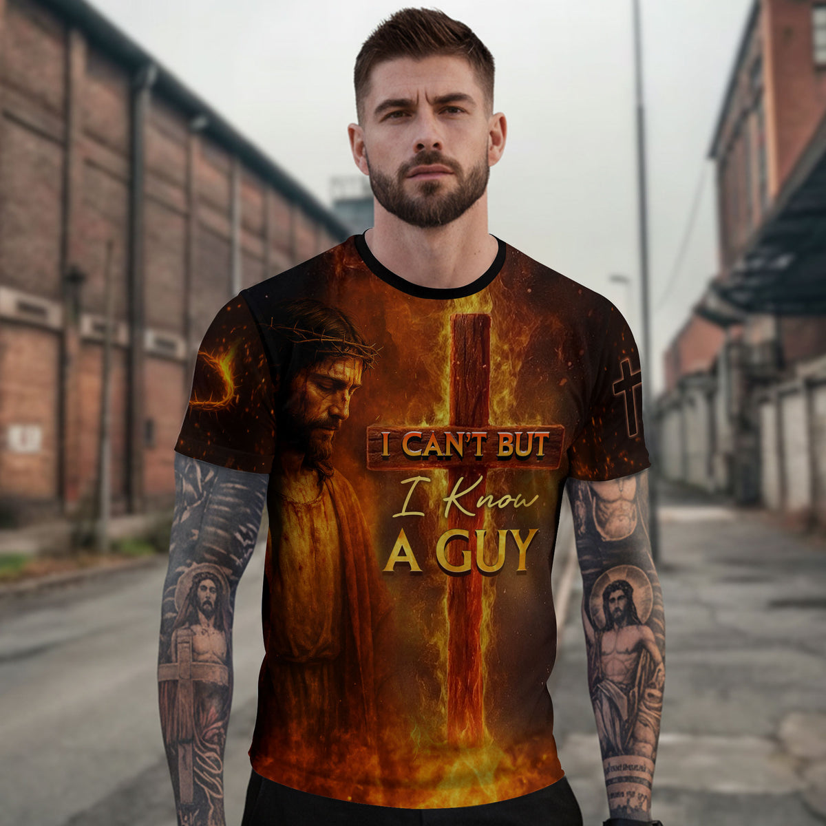 I Can't But I Know A Guy Jesus and Lion Fire Cross - Christian Tee Shirts for Men, Freedom Shirts, RustField Co - Rust Field Wear