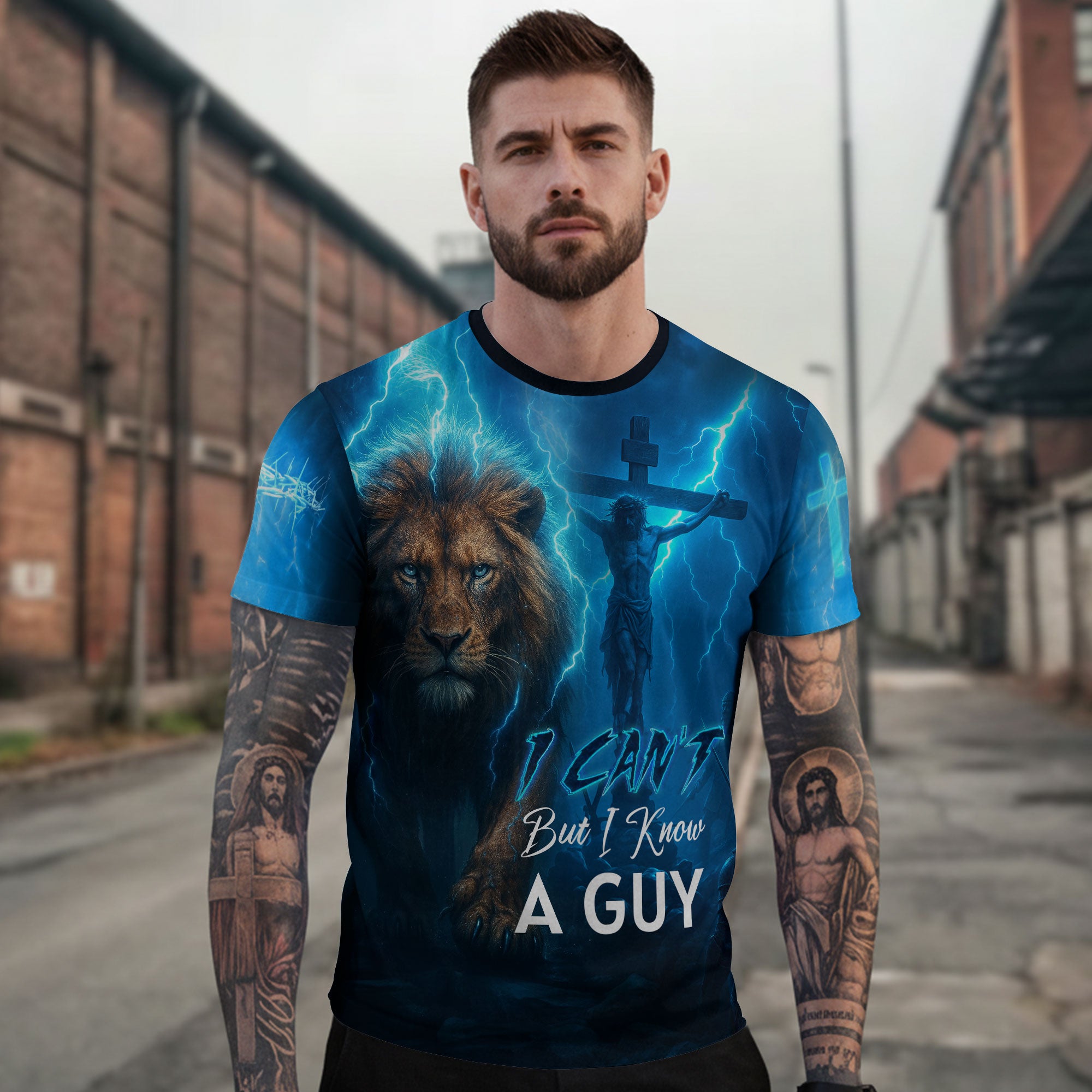 RustField Co, I Can't But I Know A Guy Lightning Lion of Judah Armor - Christian Tee Shirts for Men, Freedom Shirts - Rust Field Wear