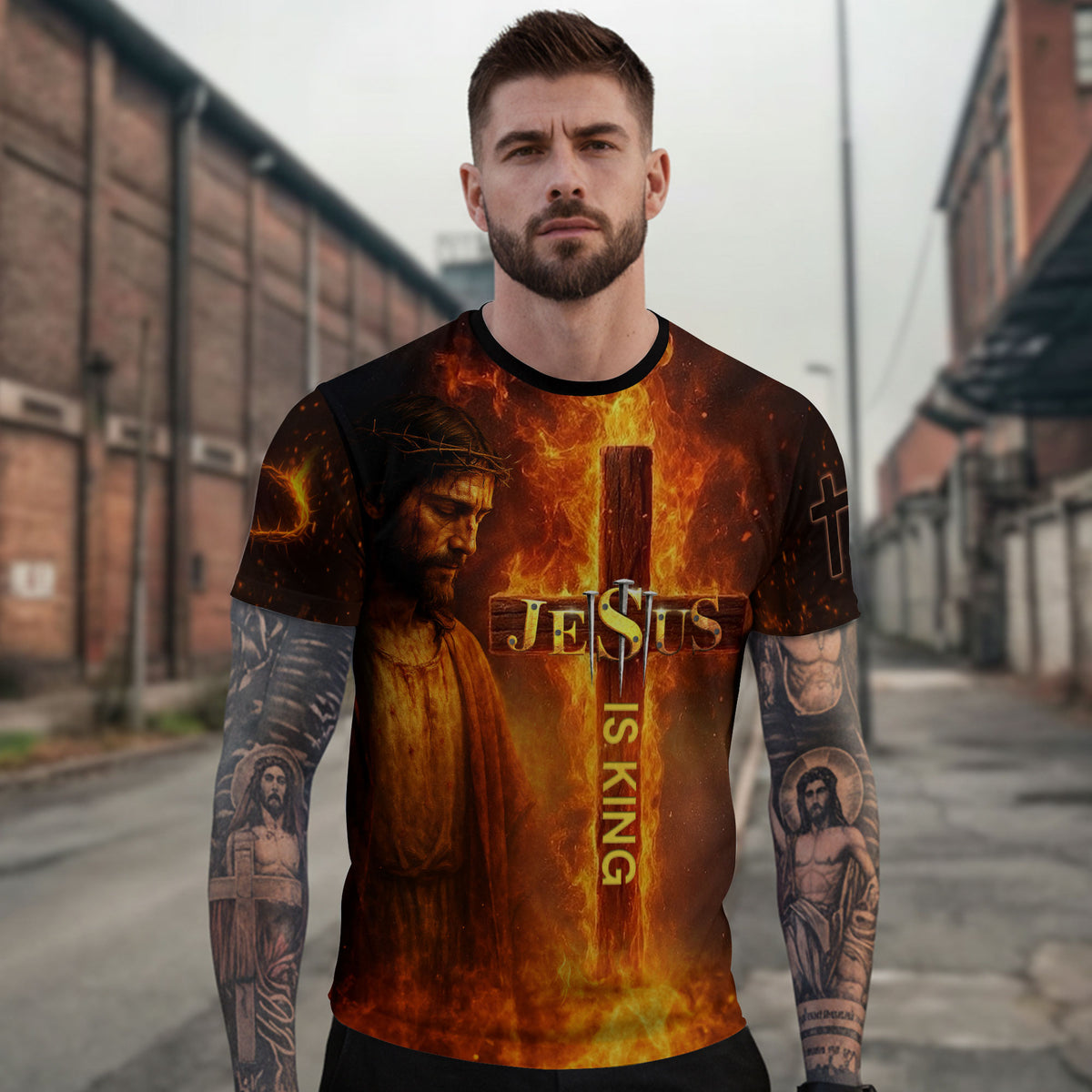 Jesus Is King Cross and Lion Fire Art - RustField Co Freedom Shirts, Christian Tee Shirts for Men - Rust Field Wear