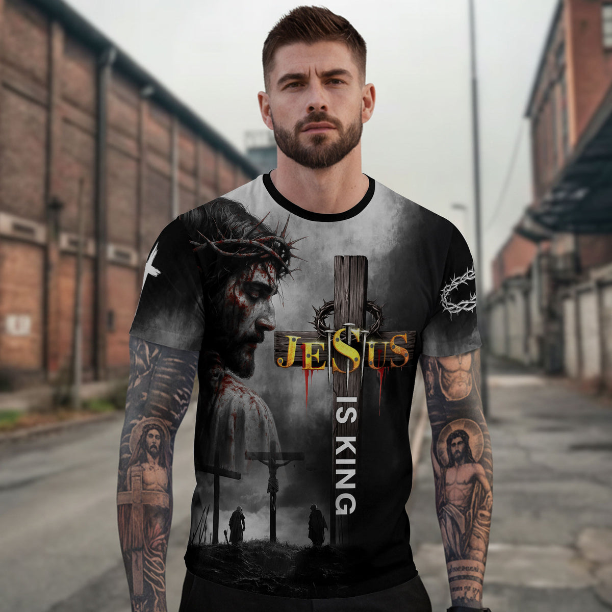 Jesus Is King Cross and Lion Warrior Faith Christian Tee Shirts - Freedom Shirts for Men, RustField Co - Rust Field Wear