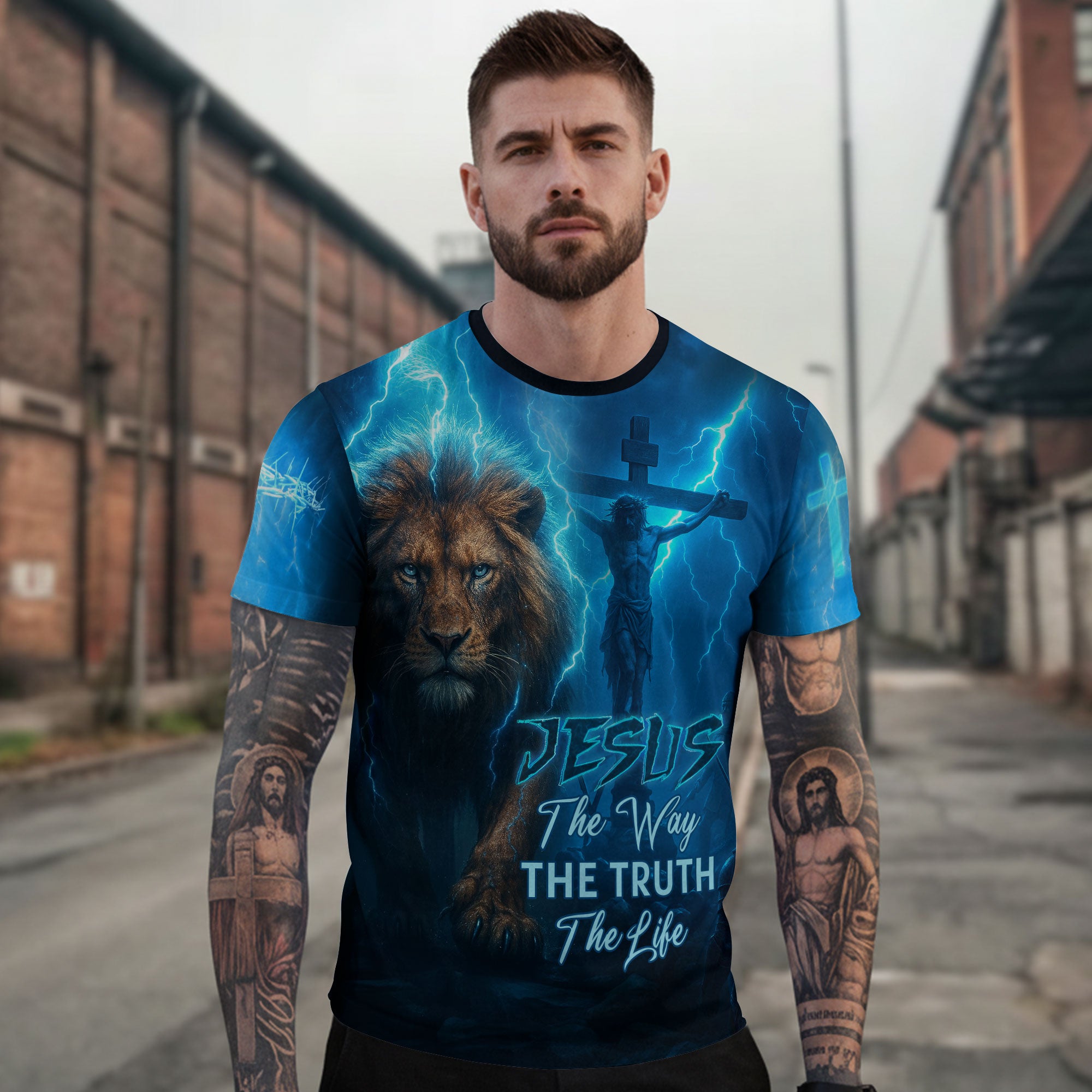 RustField Co Christian Tee Shirts - Jesus The Way The Truth The Life Lion Thunder Edition, Freedom Shirts for Men - Rust Field Wear