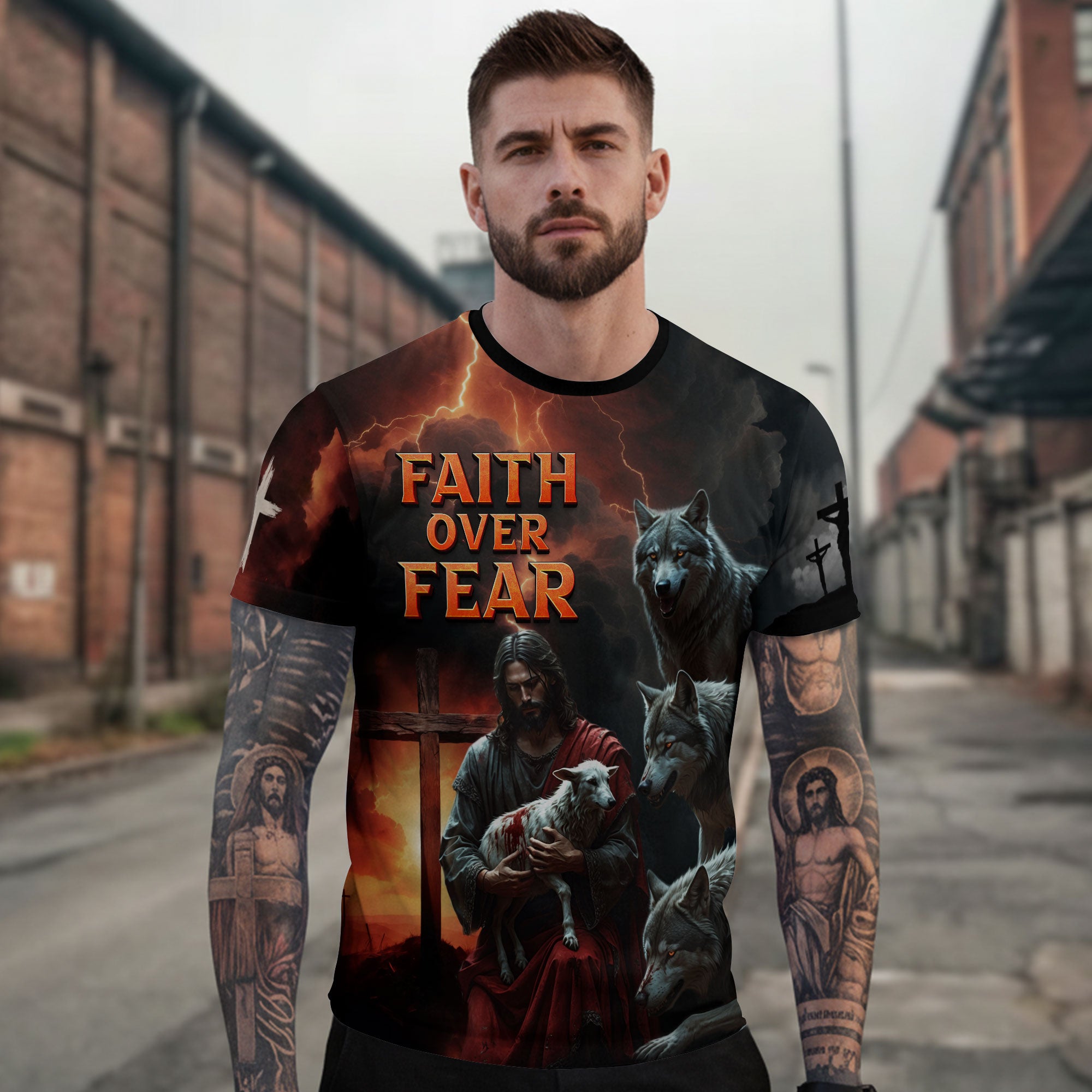 Christian Tee Shirts, Faith Over Fear Jesus Protecting the Lamb Among Wolves - Freedom Shirts for Men, RustField Co - Rust Field Wear