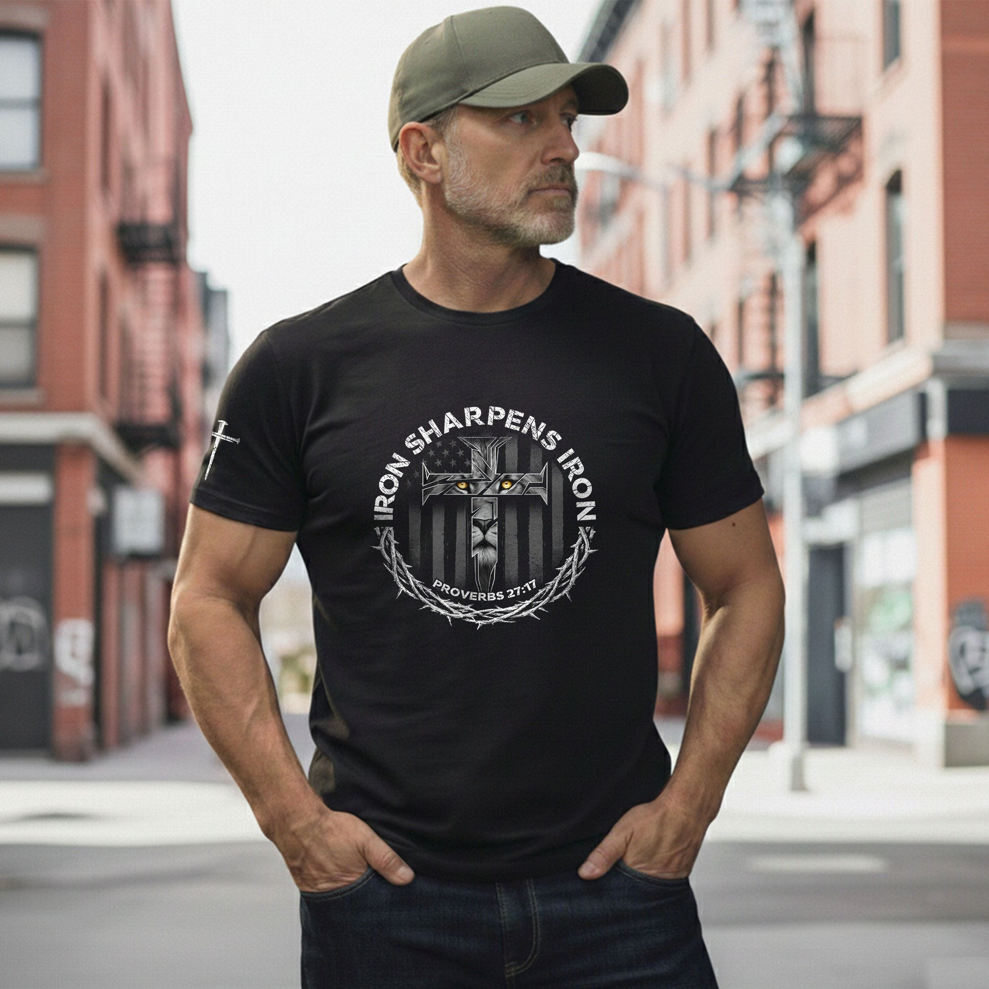 Christian Shirts for Men, Iron Sharpens Iron Proverbs 27:17 Lion Cross - Christian Tee Shirts - Rust Field Wear
