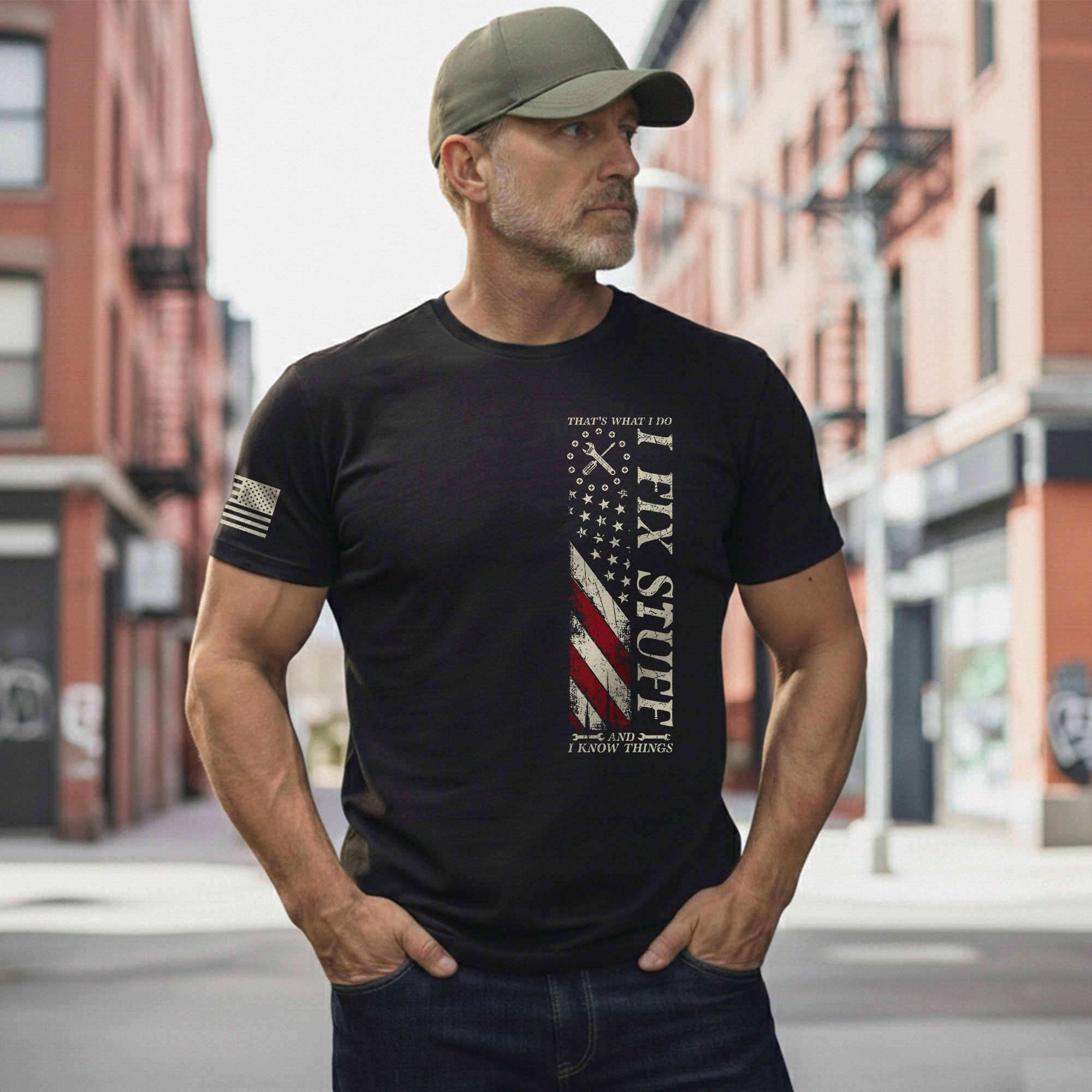 Vertical US Flag Quote Men T-Shirt I Fix Stuff And I Know Things Graphic Chest Print