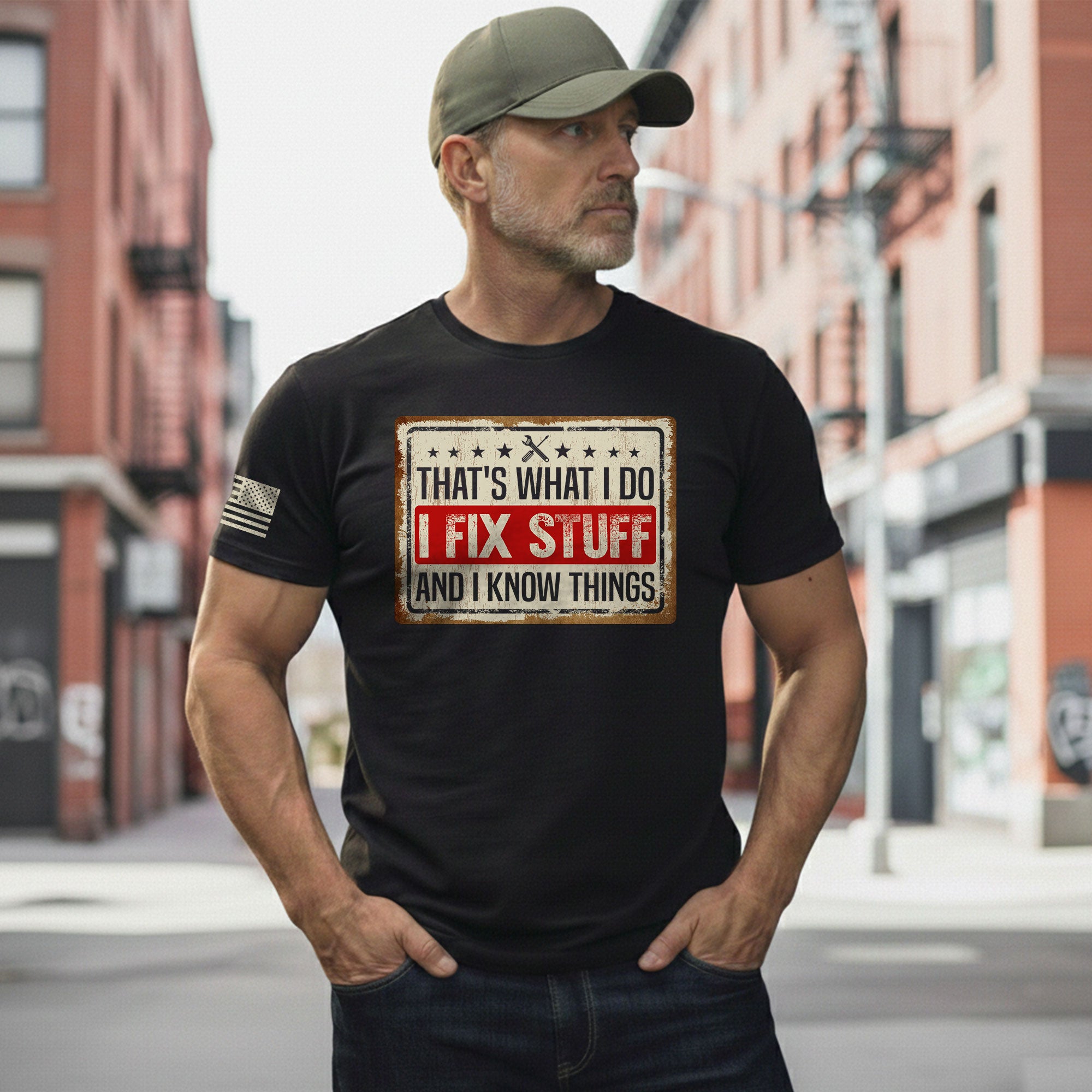 Men Vintage License Plate Graphic T-Shirt I Fix Stuff And I Know Things Sign Tee