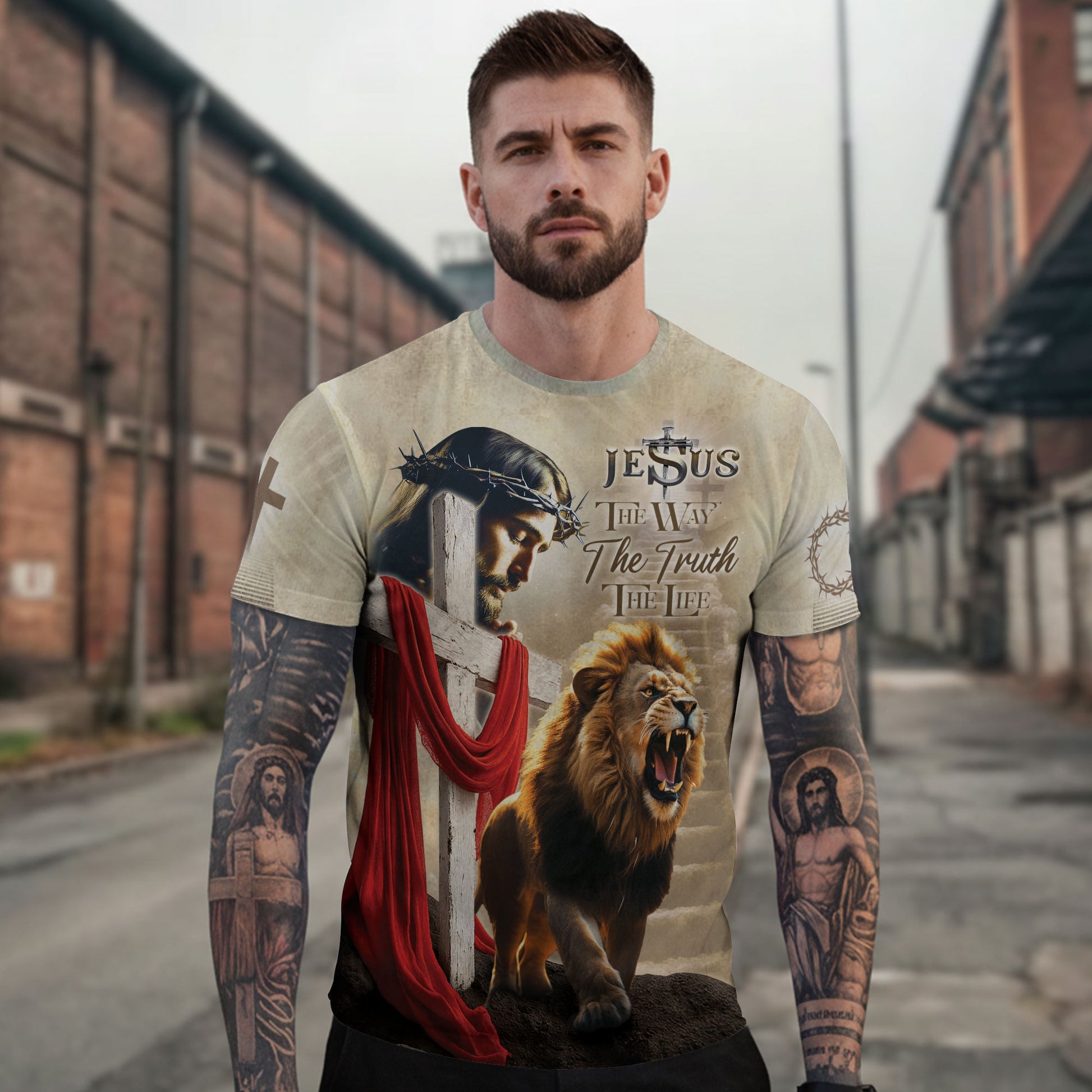 Christian Tee Shirts for Men - Jesus The Way The Truth The Life Lion Cross, RustField Co Freedom Shirts - Rust Field Wear