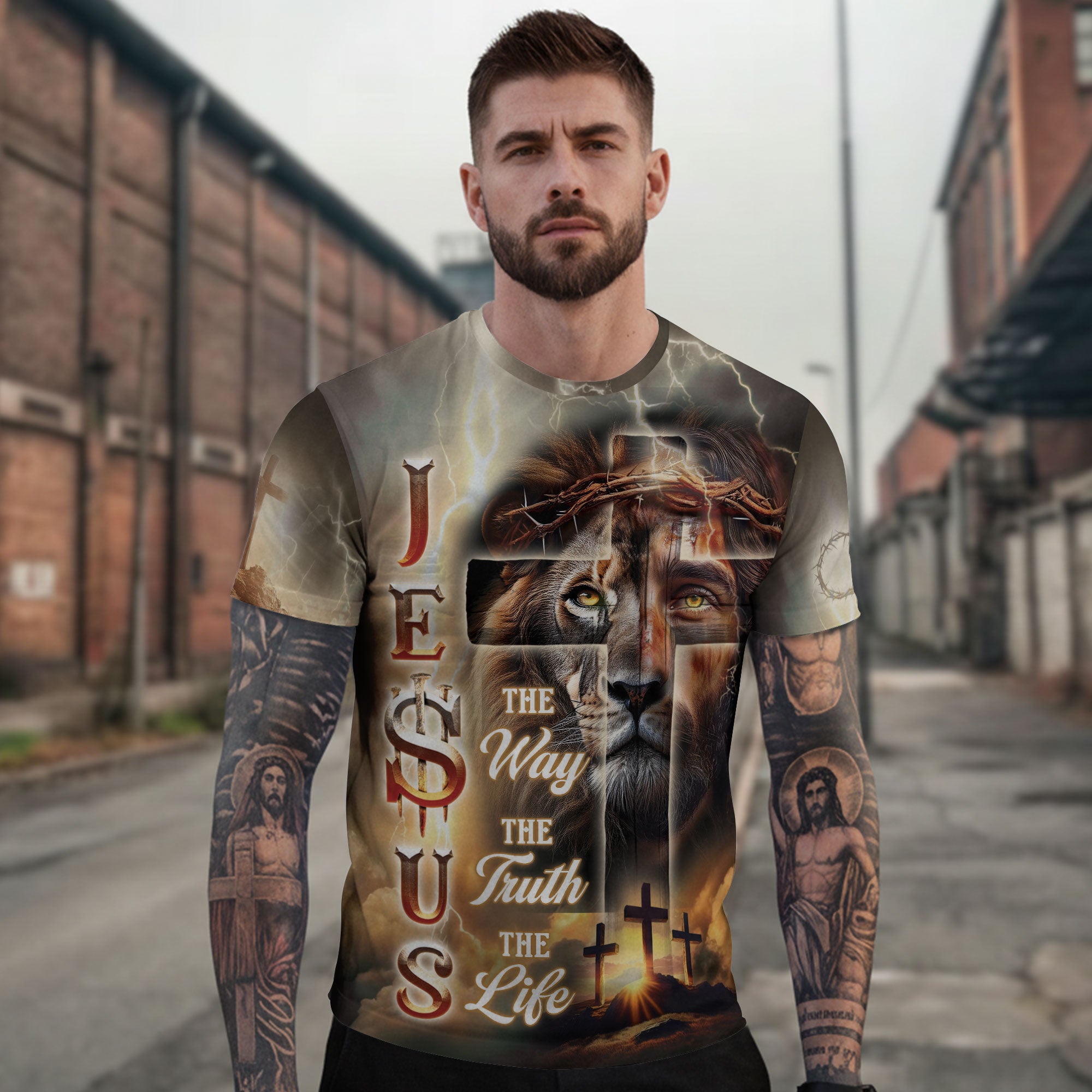 RustField Co Christian Tee Shirts - Jesus The Way The Truth The Life Lion and Cross Lightning, Freedom Shirts for Men - Rust Field Wear