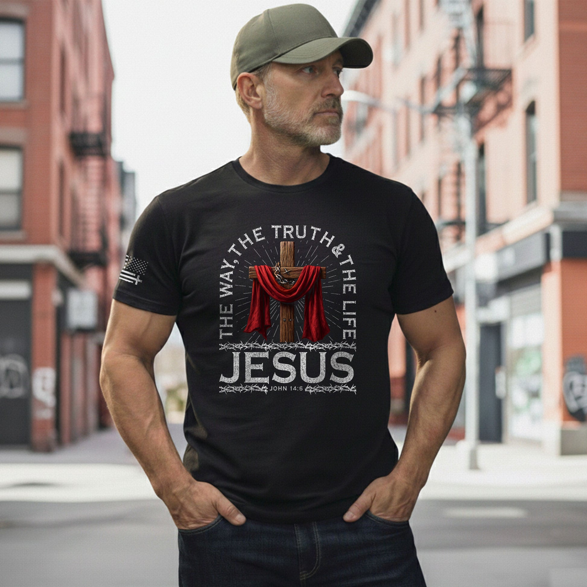 The Way The Truth The Life John 14:6 Jesus Cross Red Cloth, Christian Tee Shirts - Faith Shirts for Men - Rust Field Wear