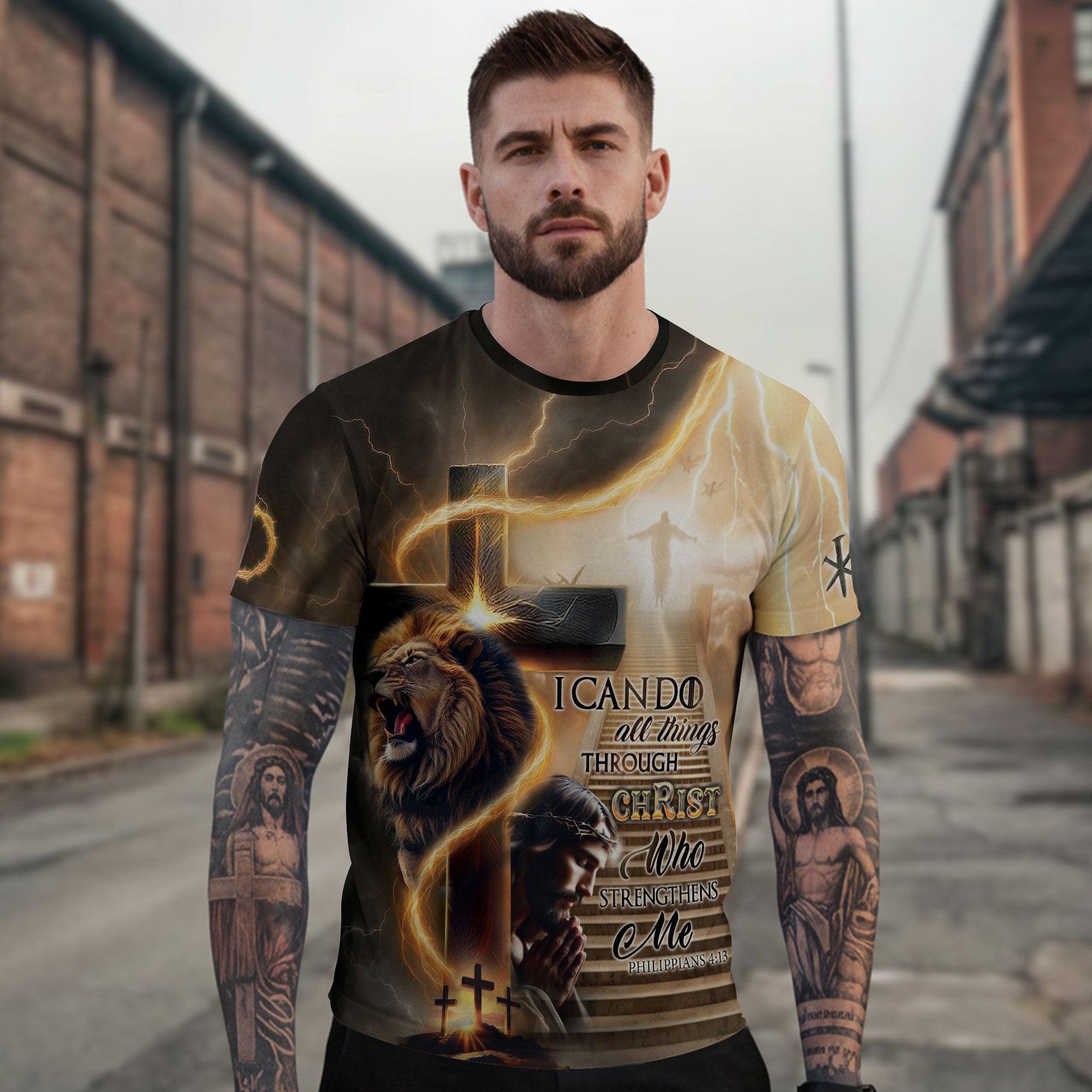 RustField Co Christian Tee Shirts - I Can Do All Things Through Christ Lion Cross Lightning, Freedom Shirts for Men - Rust Field Wear