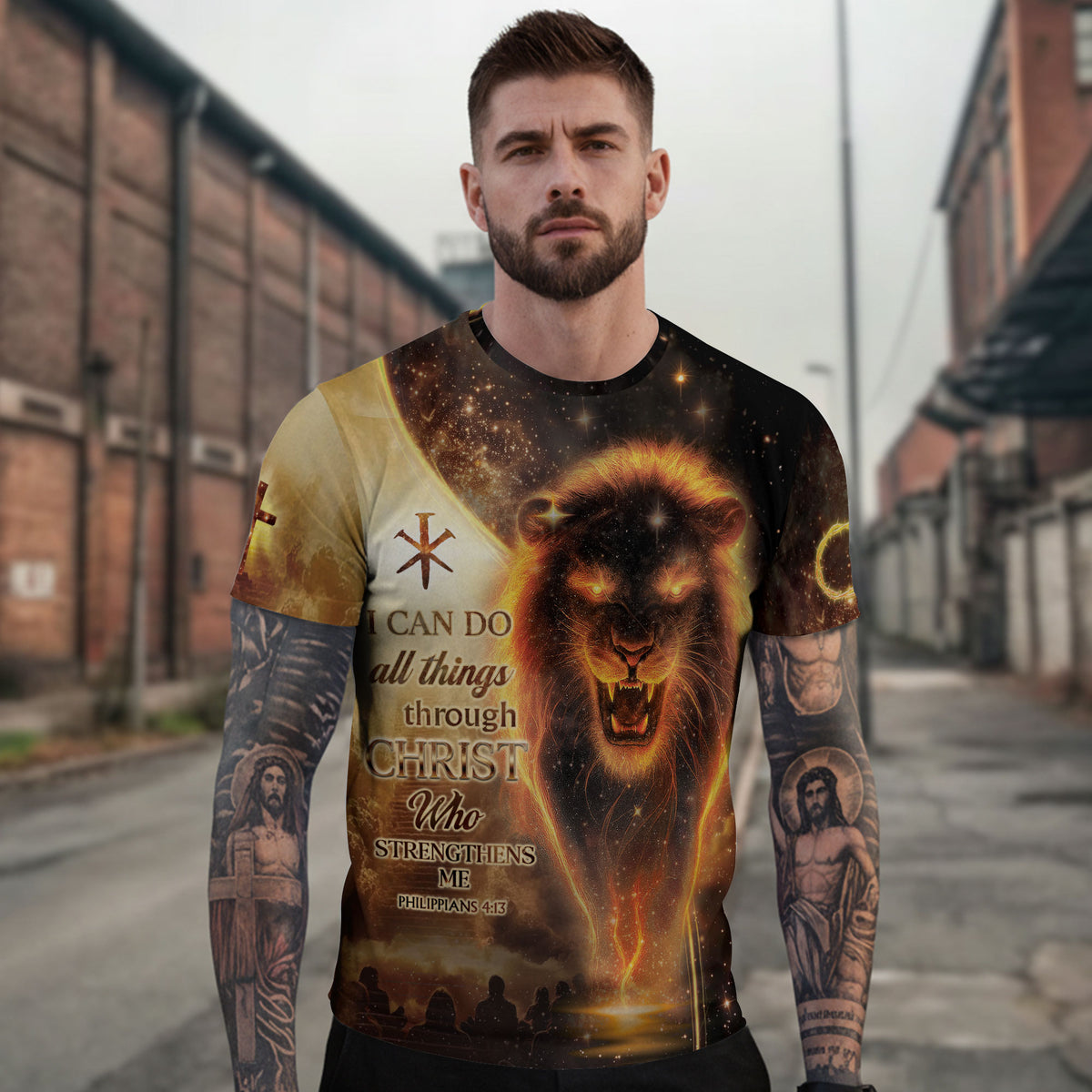 Christian Tee Shirts, I Can Do All Things Through Christ Lion and Cross - Freedom Shirts for Men, RustField Co - Rust Field Wear