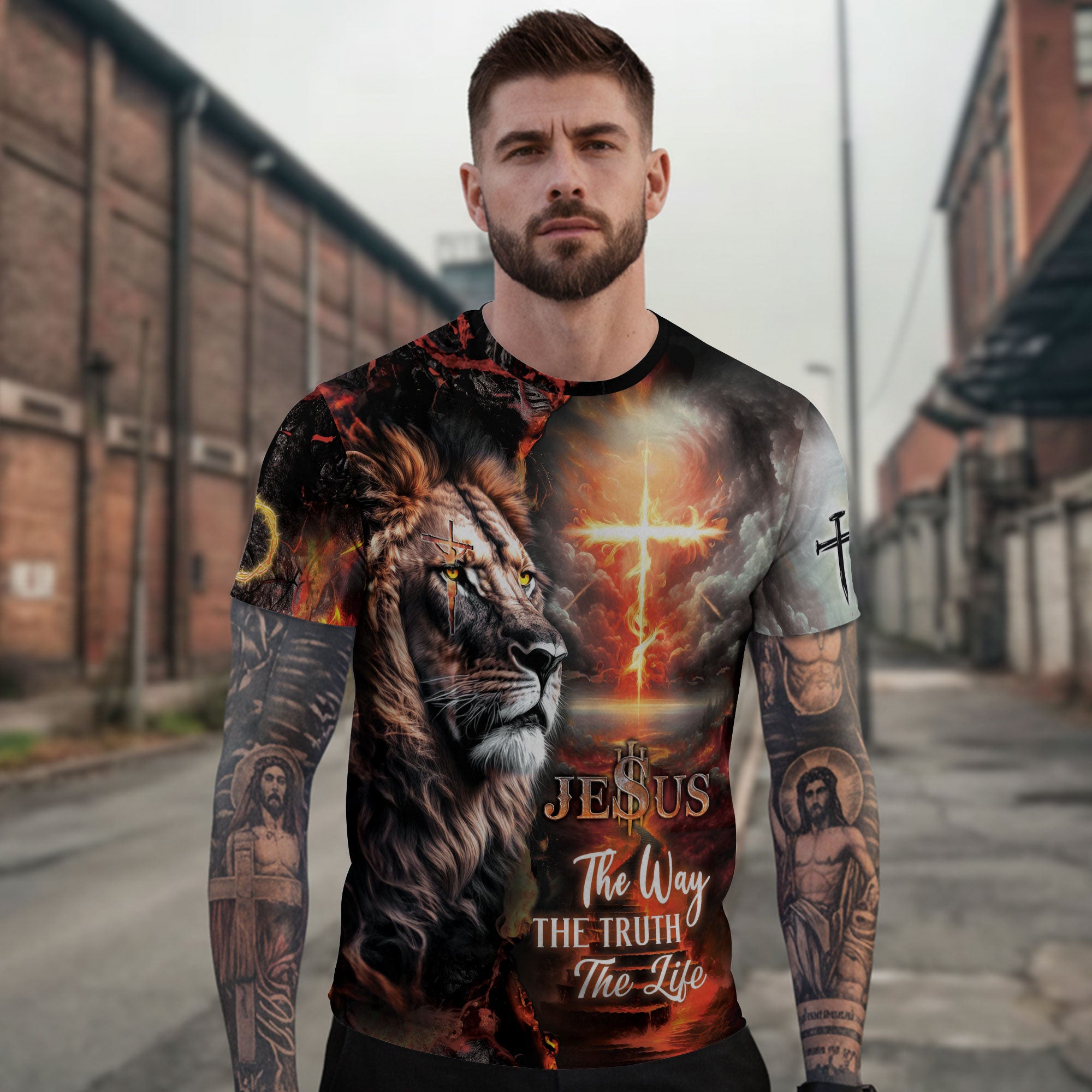 RustField Co, Jesus The Way The Truth The Life Lion Cross - Christian Tee Shirts for Men, Freedom Shirts - Rust Field Wear