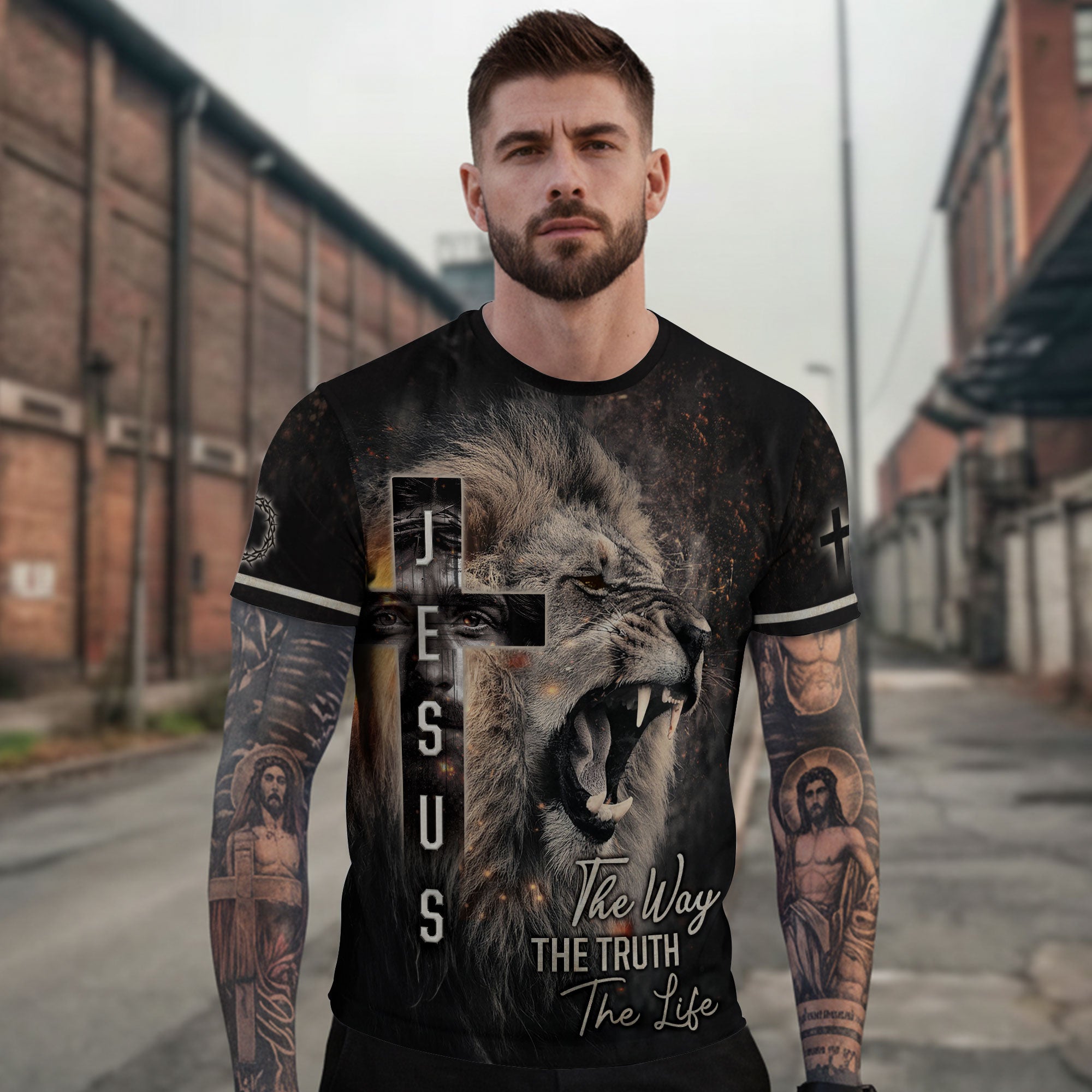 Christian Tee Shirts for Men, RustField Co - Jesus Lion Cross The Way The Truth The Life, Freedom Shirts - Rust Field Wear