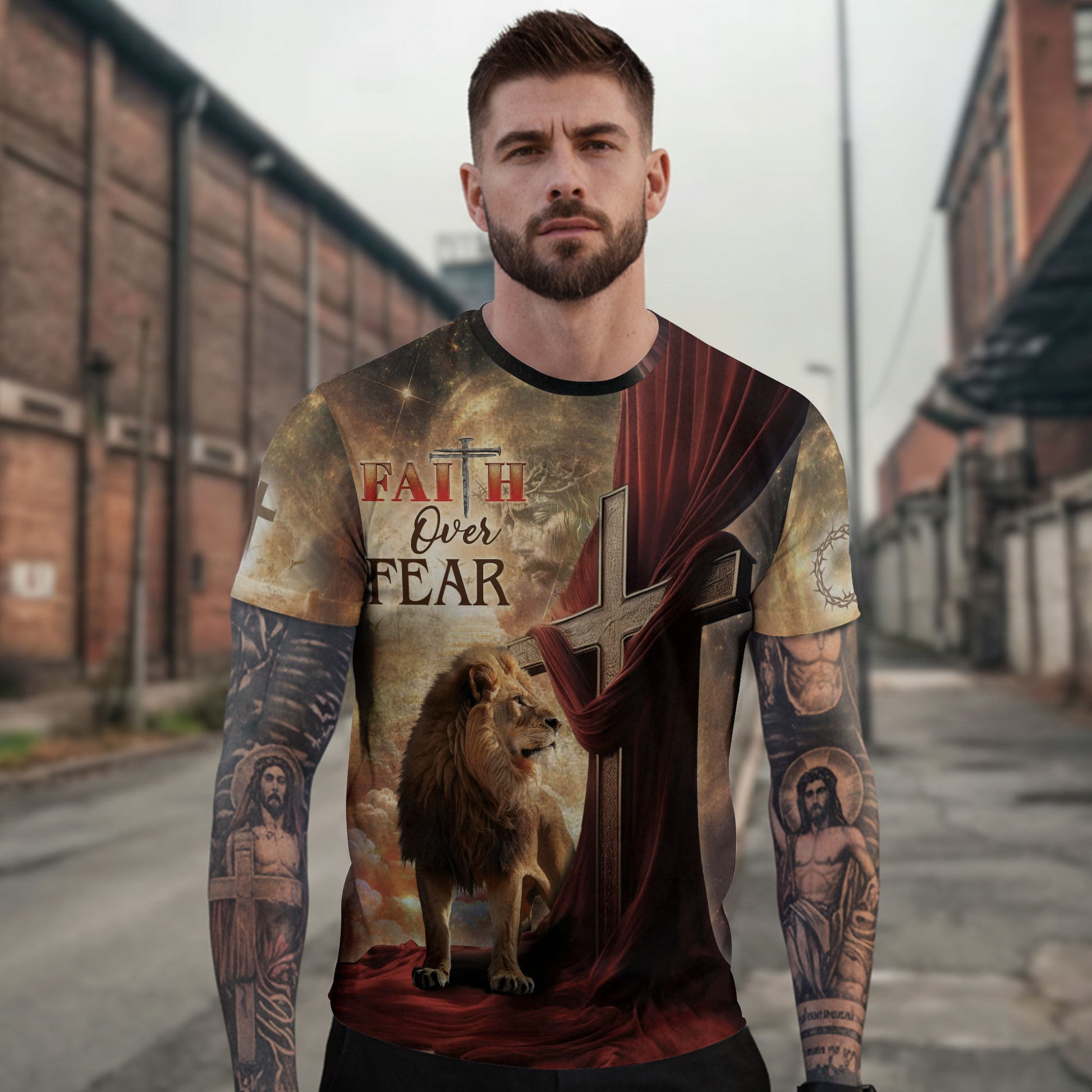 Christian Tee Shirts for Men, RustField Co - Faith Over Fear Lion and Cross Drape, Freedom Shirts - Rust Field Wear