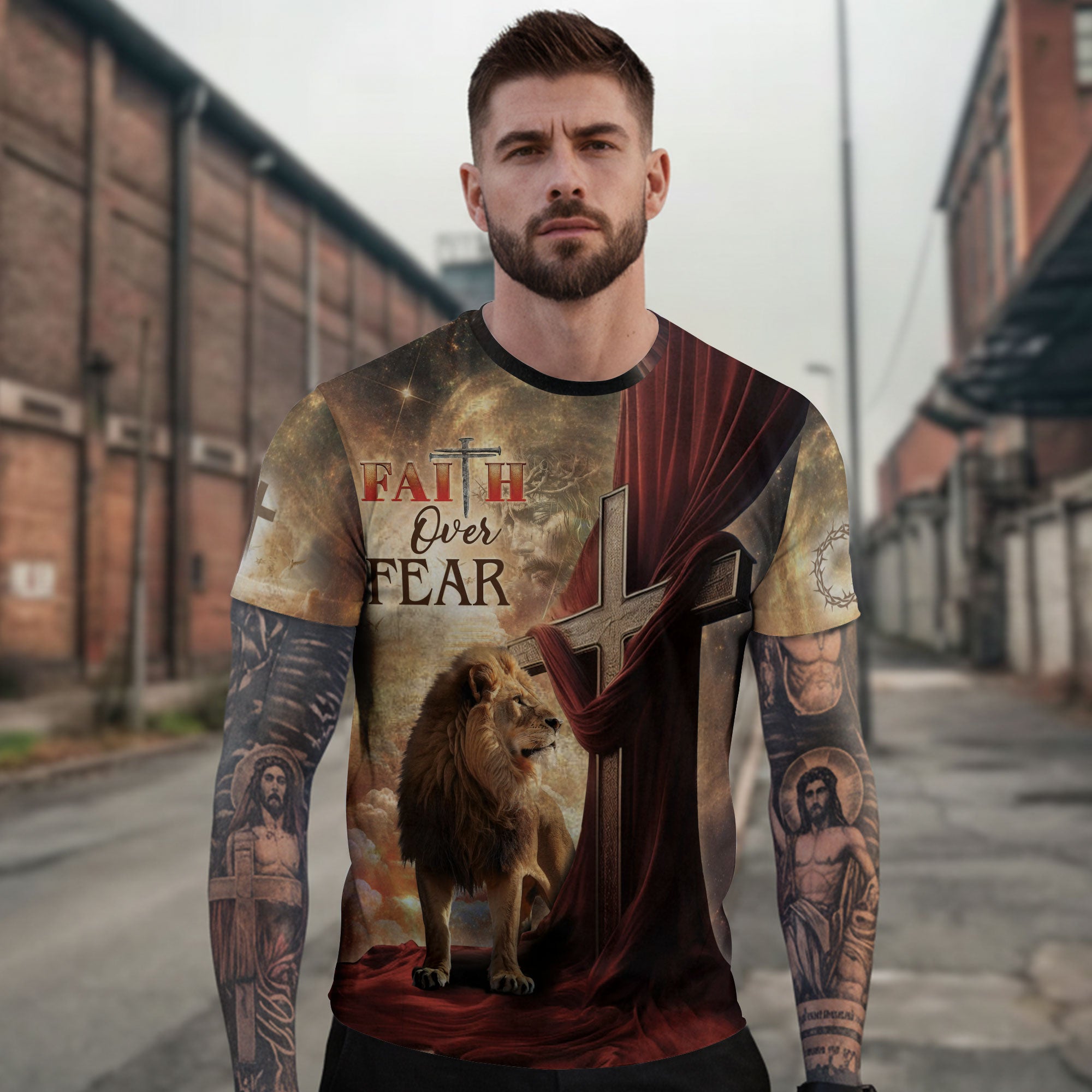 Christian Tee Shirts for Men, RustField Co - Faith Over Fear Lion and Cross Drape, Freedom Shirts - Rust Field Wear