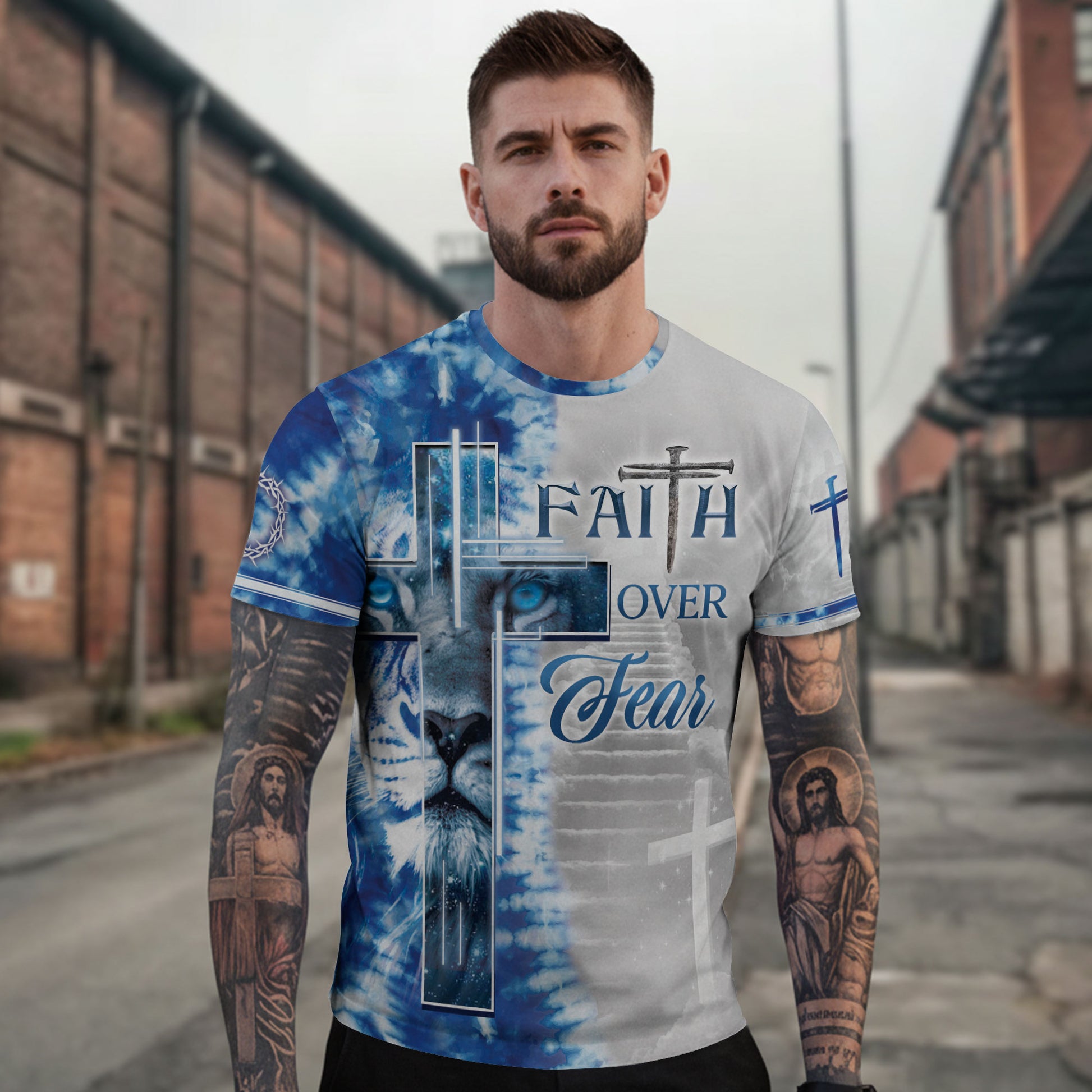 RustField Co Freedom Shirts - Faith Over Fear Lion Cross, Christian Tee Shirts for Men - Rust Field Wear