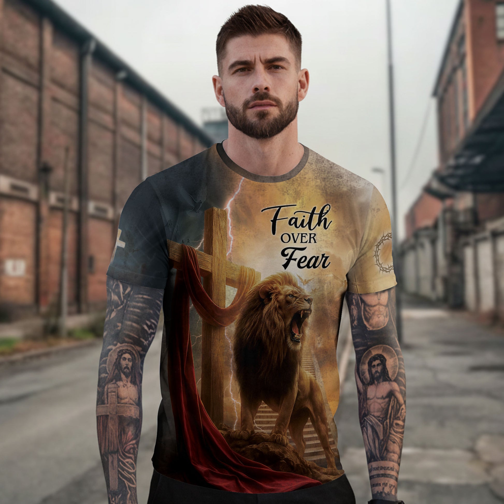 Christian Tee Shirts for Men - Faith Over Fear Lion Cross, RustField Co Freedom Shirts - Rust Field Wear