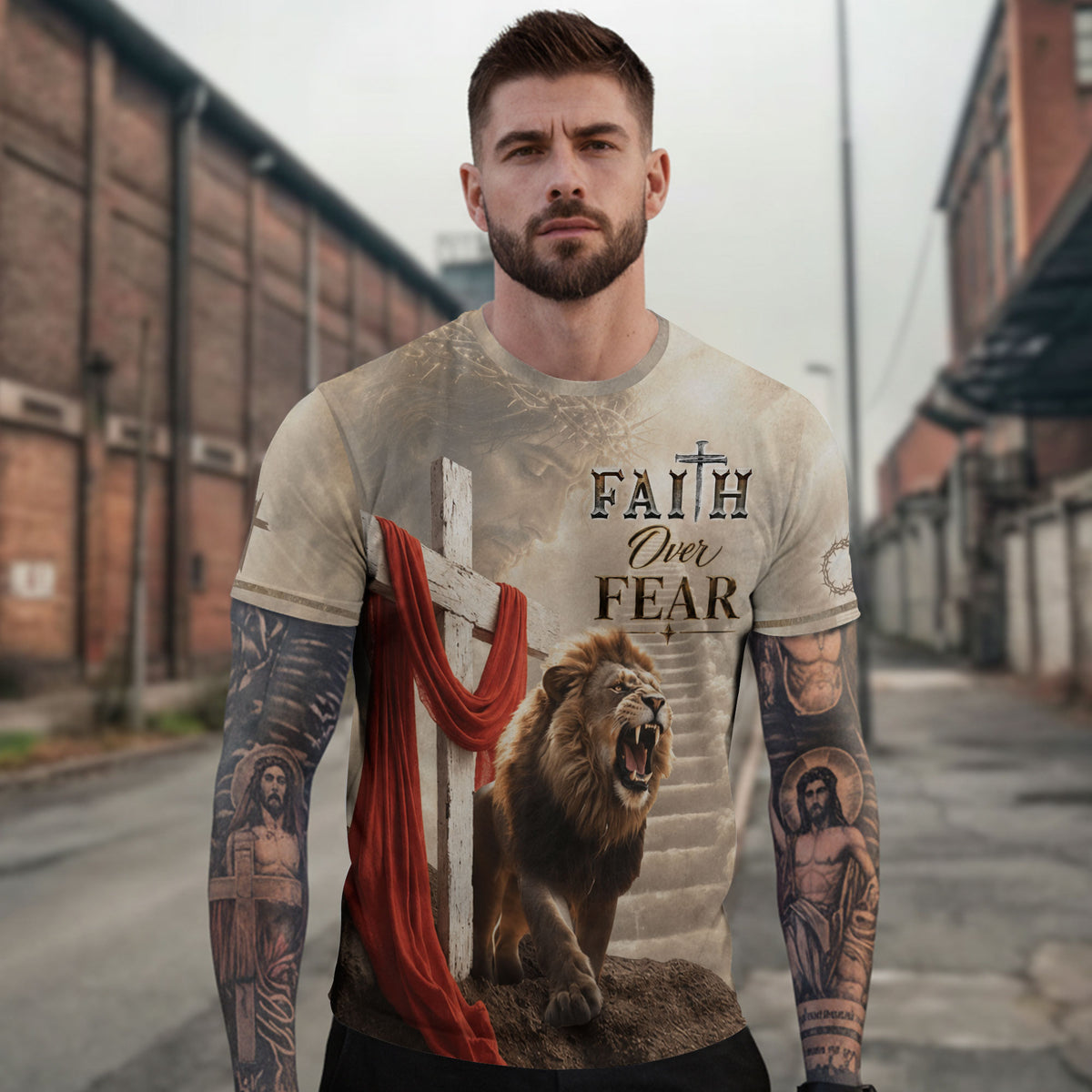 Freedom Shirts for Men, Faith Over Fear Jesus and Lion with Drape - Christian Tee Shirts, RustField Co - Rust Field Wear