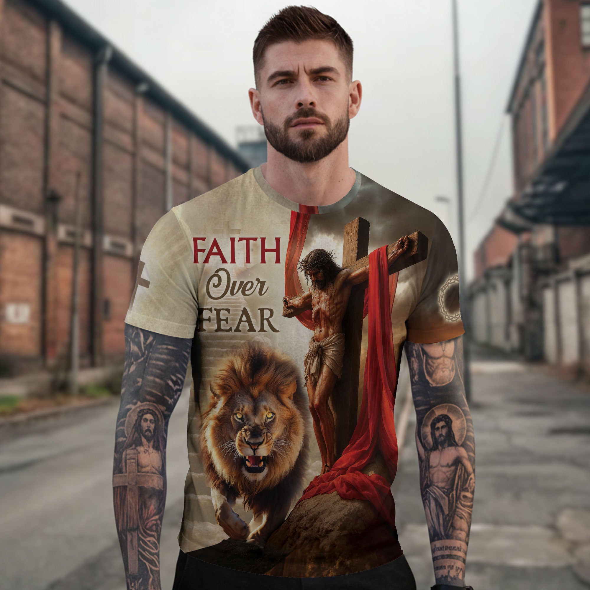 RustField Co Christian Tee Shirts - Faith Over Fear Jesus Lion and Cross, Freedom Shirts for Men - Rust Field Wear