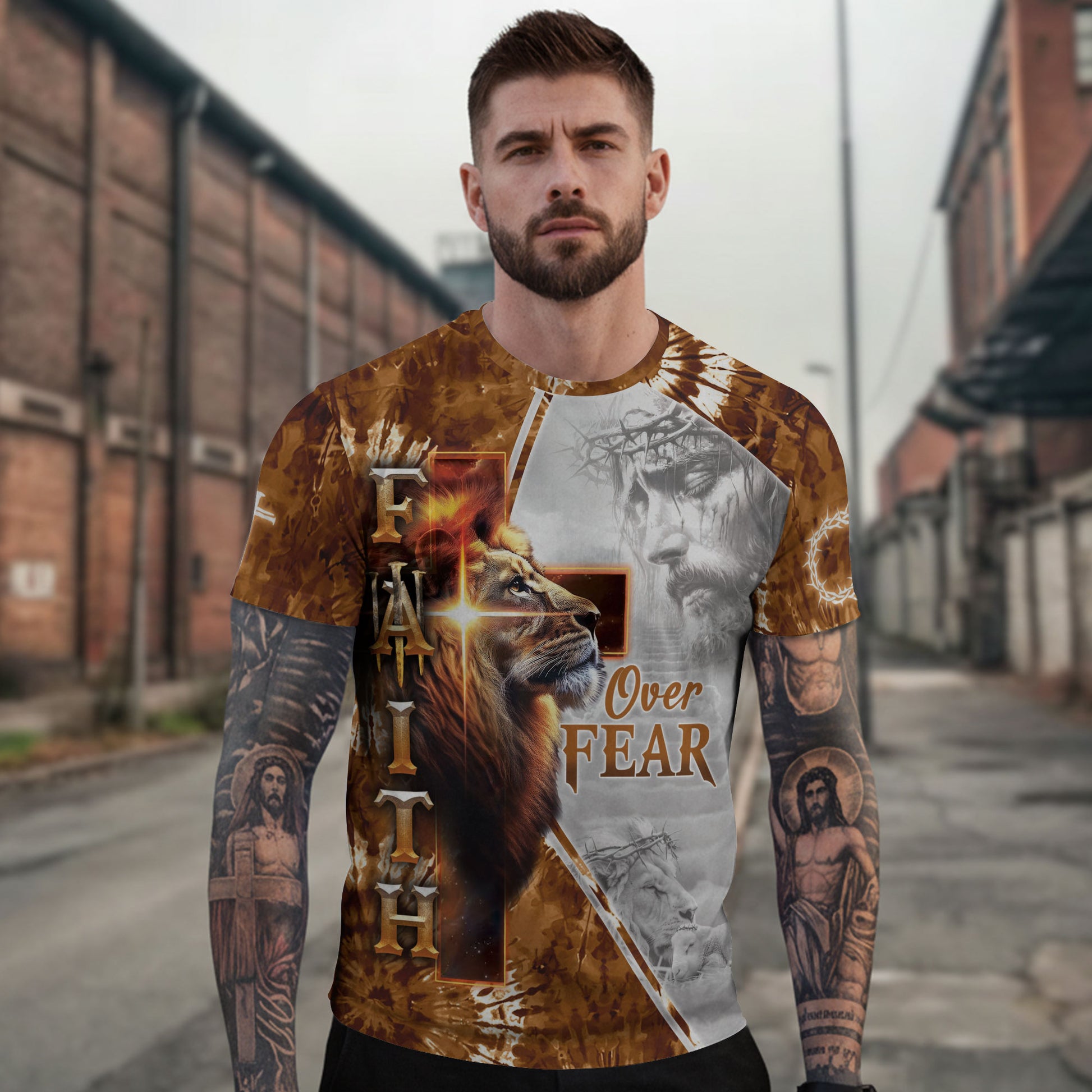 Christian Tee Shirts for Men, RustField Co - Faith Over Fear Lion and Jesus Cross, Freedom Shirts - Rust Field Wear