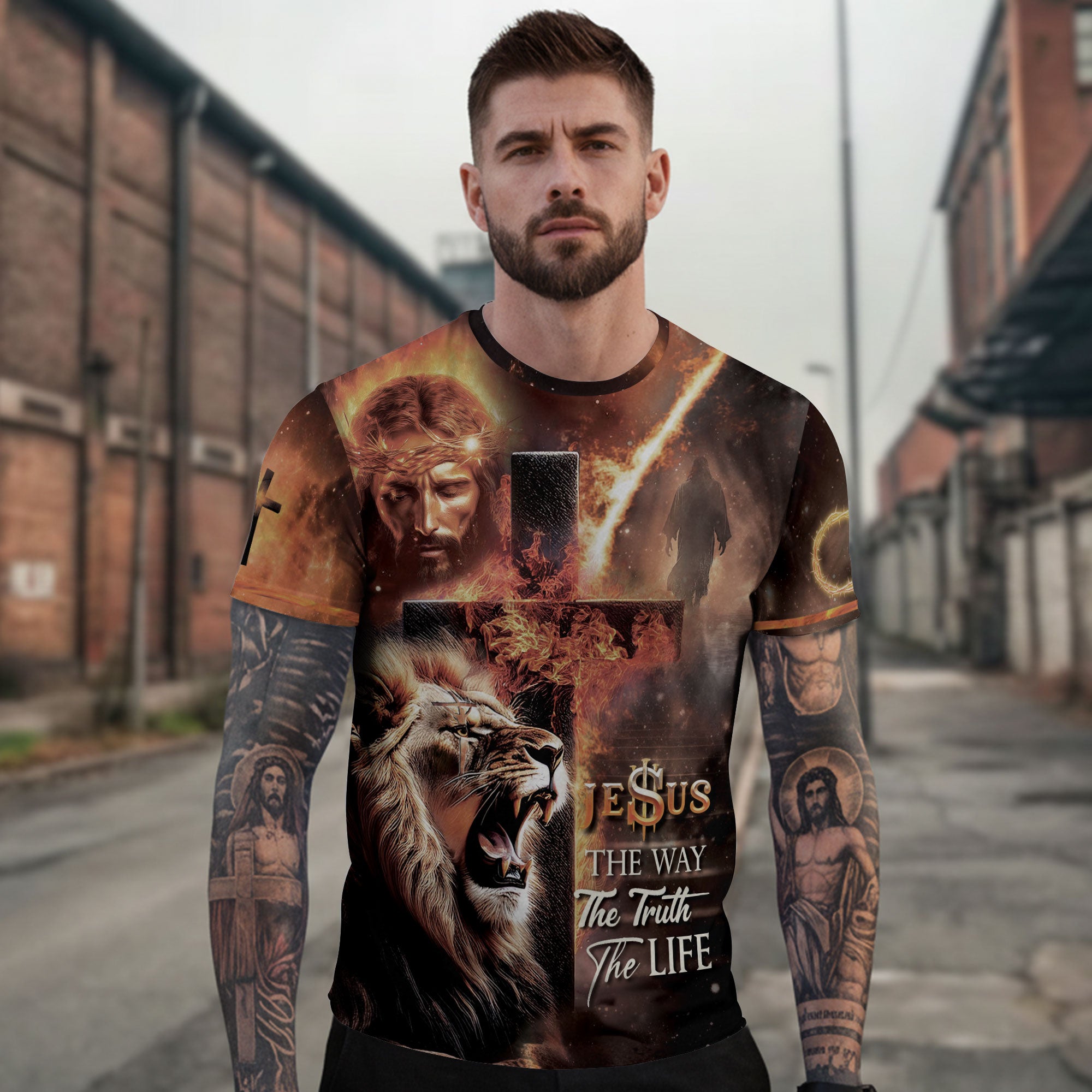 RustField Co, The Way The Truth The Life Lion and Cross - Christian Tee Shirts for Men, Freedom Shirts - Rust Field Wear
