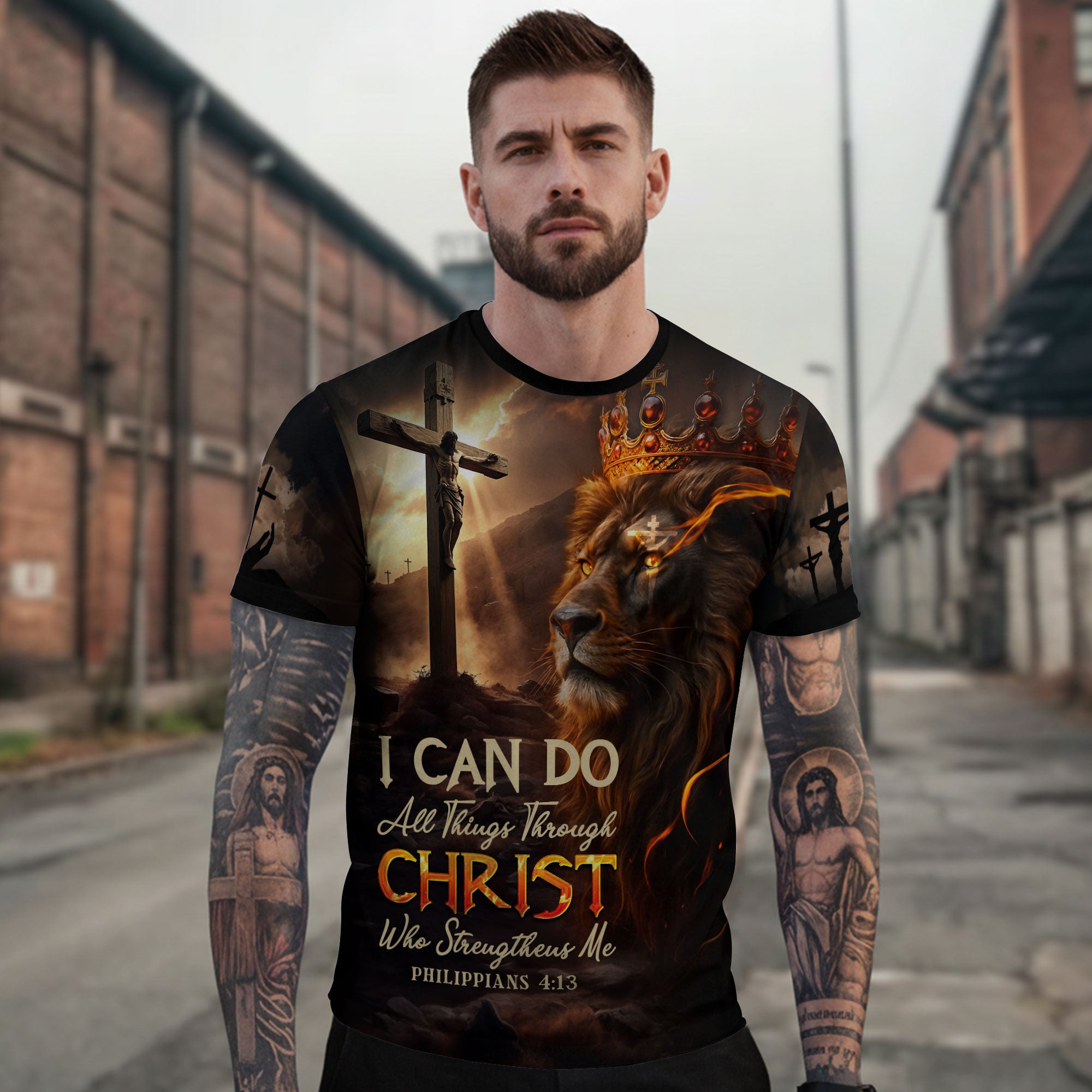 RustField Co, I Can Do All Things Through Christ Lion of Judah Cross Fire - Christian Tee Shirts for Men, Freedom Shirts - Rust Field Wear