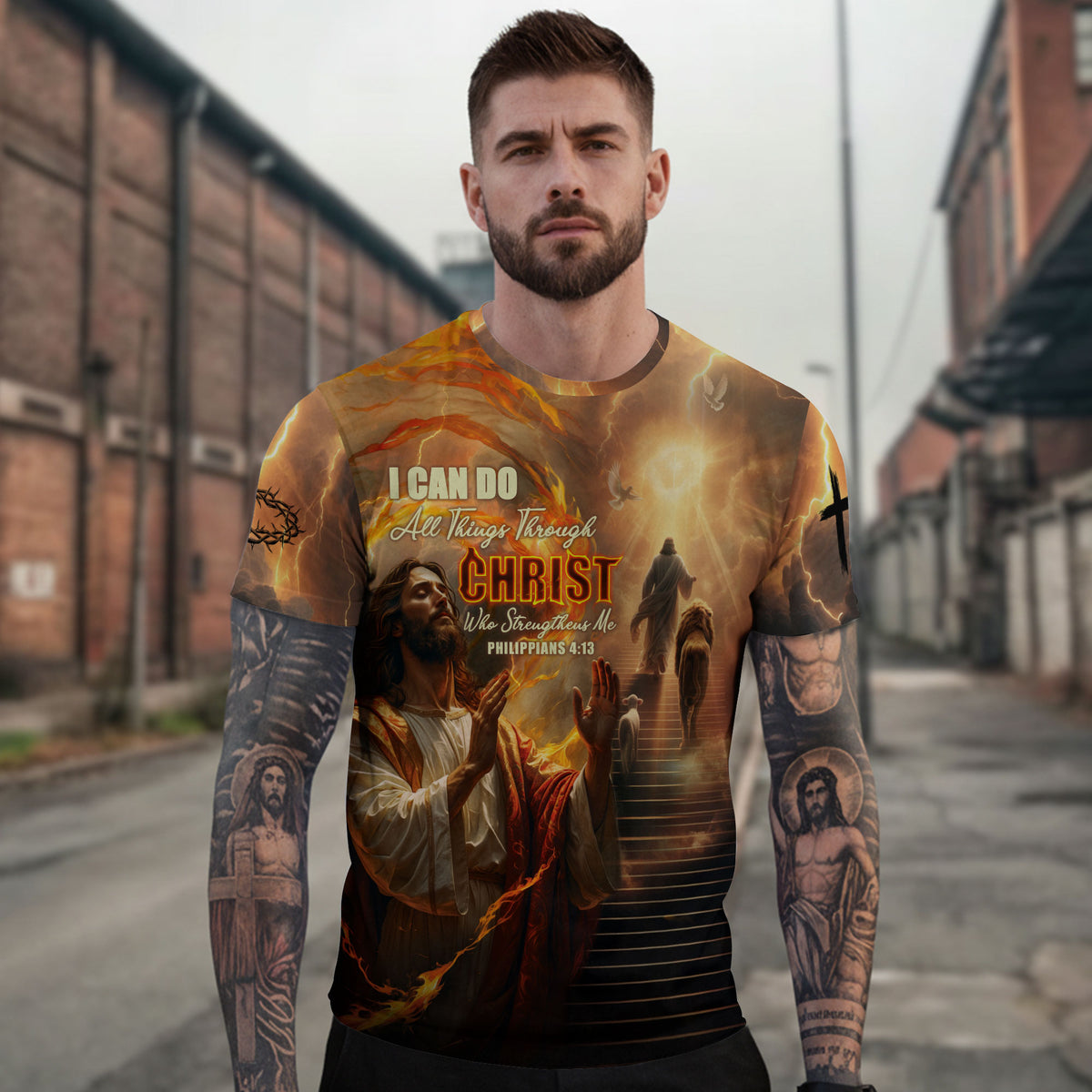 Christian Tee Shirts for Men, RustField Co - I Can Do All Things Through Christ Lion and Lamb Lightning, Freedom Shirts - Rust Field Wear