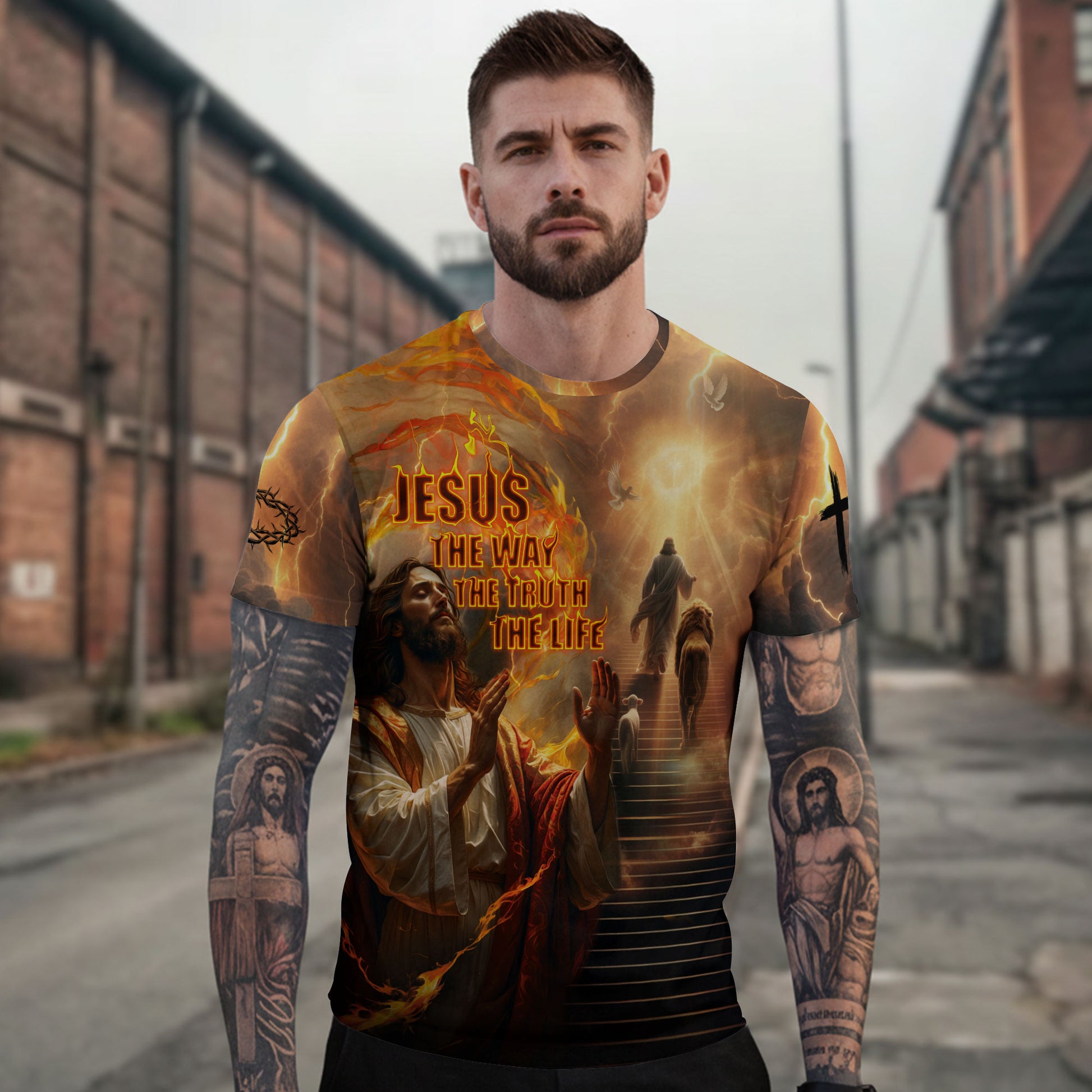 Freedom Shirts for Men, Jesus The Way The Truth The Life Lion and Lamb Fire - Christian Tee Shirts, RustField Co - Rust Field Wear