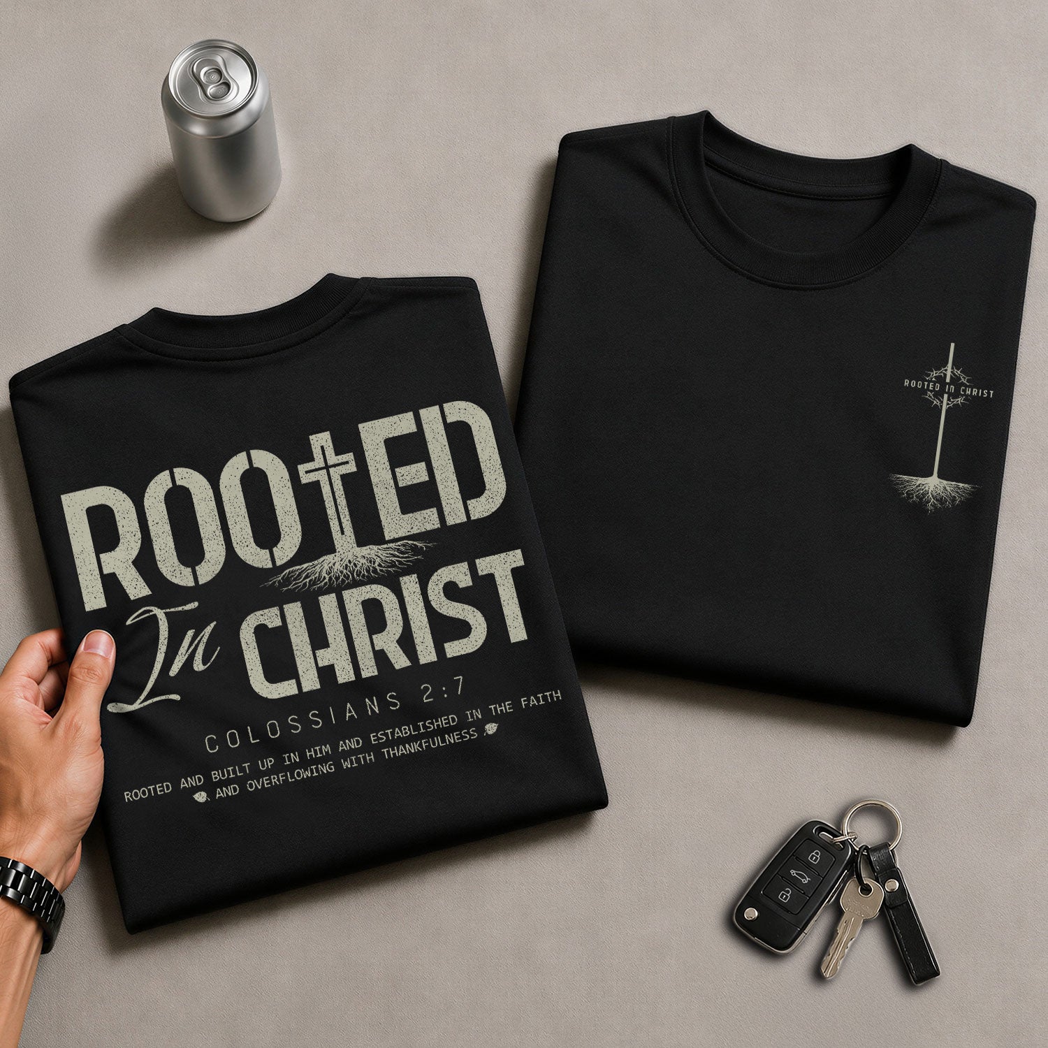 Rooted In Christ Colossians 2 7 Christian With Cross And Roots - Christian Tee Shirts, Christian Shirts for Men - Rust Field Wear