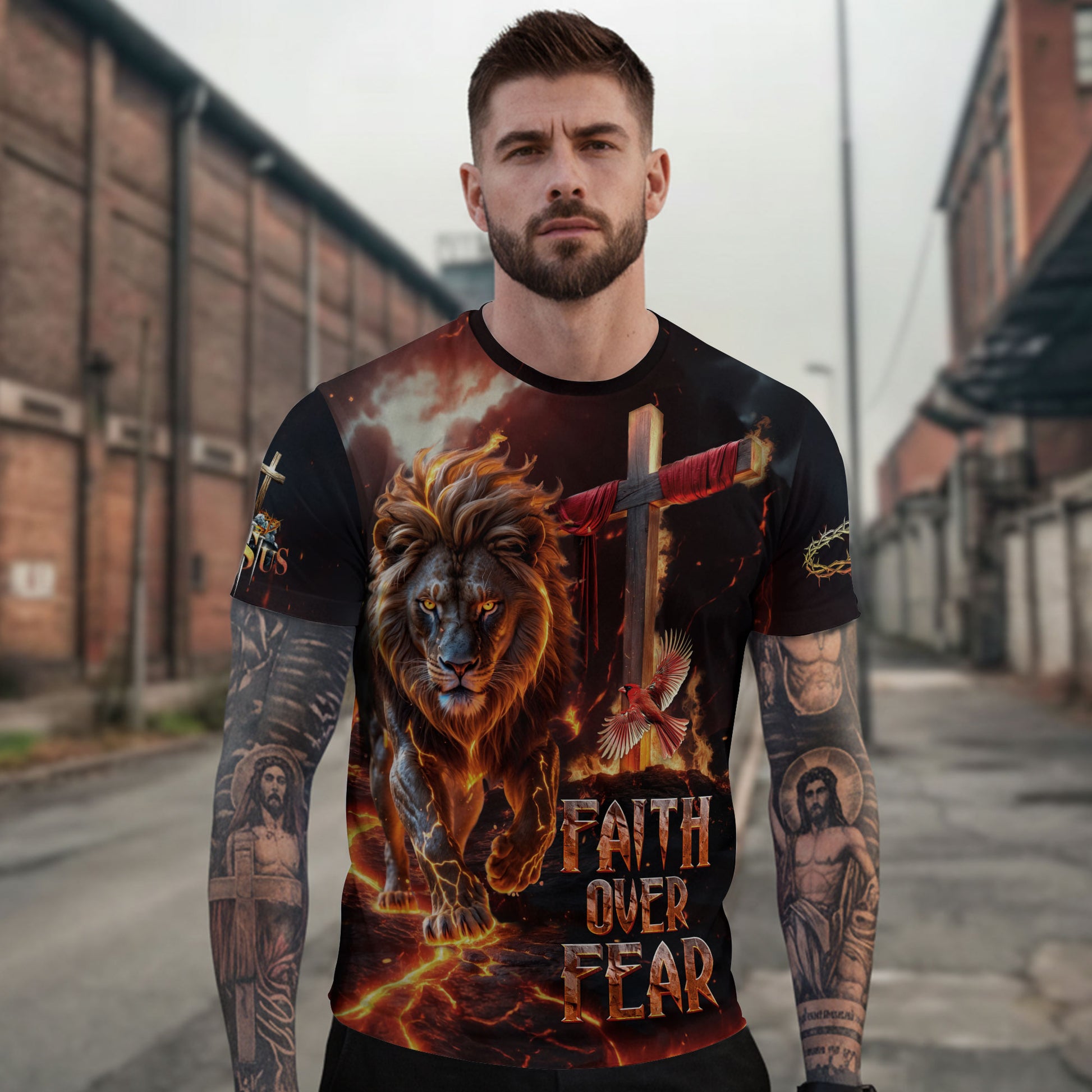 Christian Tee Shirts for Men, RustField Co - Faith Over Fear Lion of Judah Cross, Freedom Shirts - Rust Field Wear