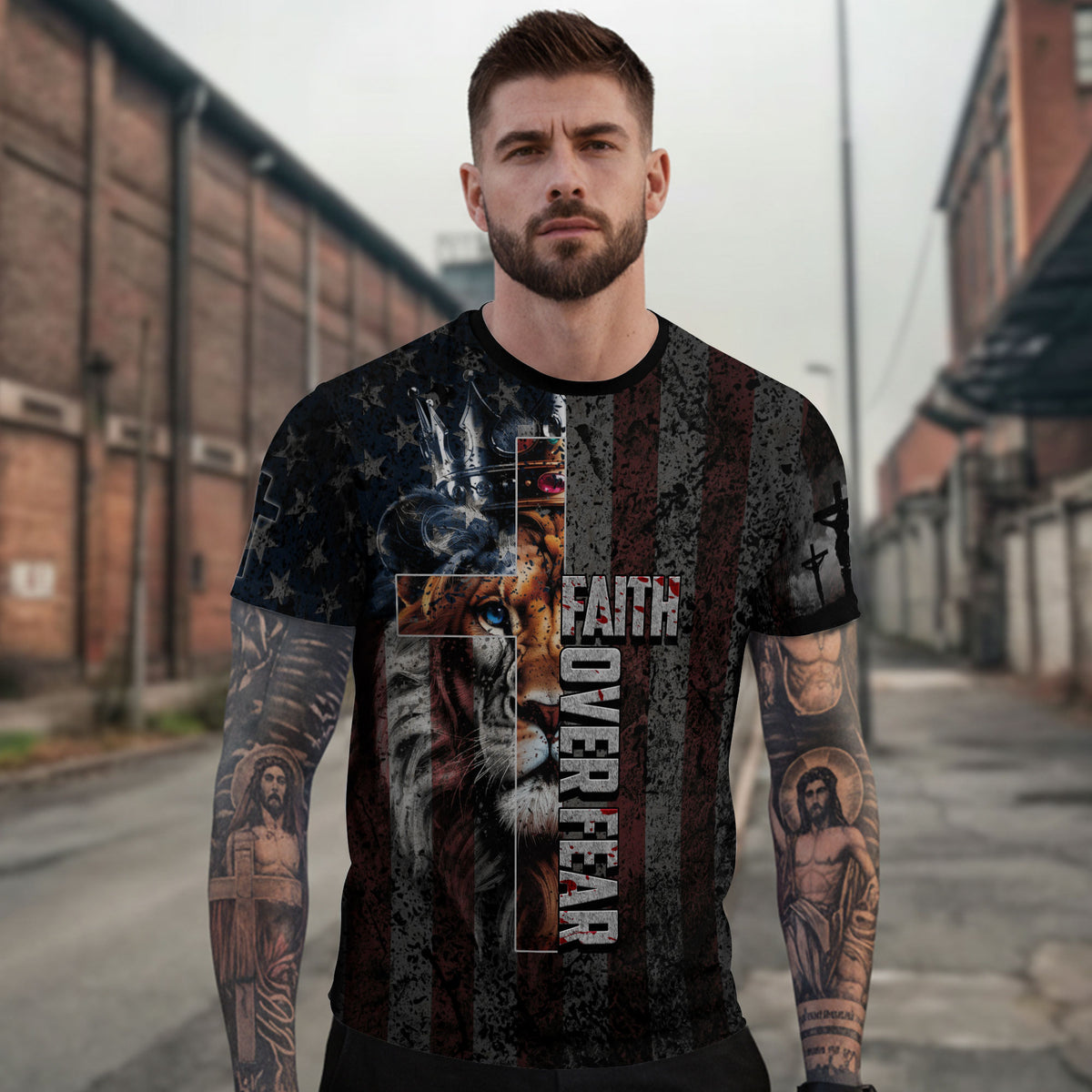 RustField Co, Faith Over Fear Jesus Crown Lion Of Judah American Flag Warrior - Christian Tee Shirts for Men, Freedom Shirts - Rust Field Wear