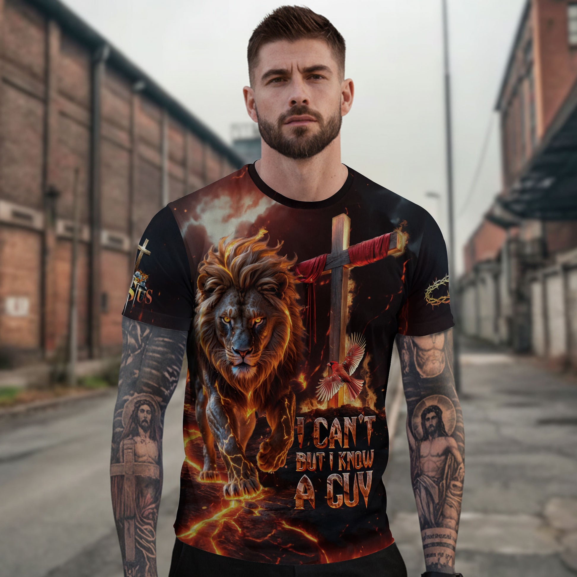 Christian Tee Shirts, I Can't But I Know A Guy Jesus Cross Lion Of Judah Fire Faith - Freedom Shirts for Men, RustField Co - Rust Field Wear