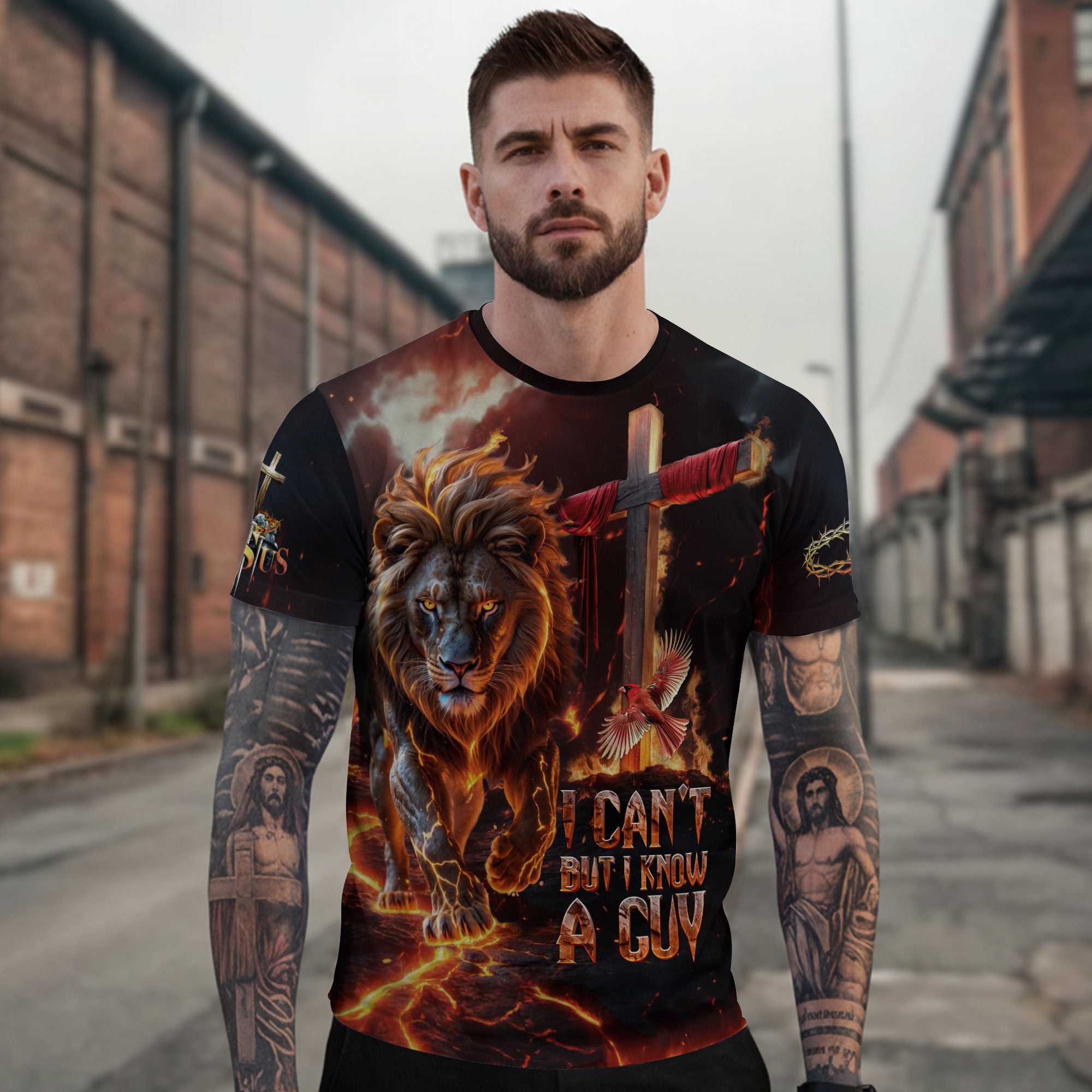 Christian Tee Shirts, I Can't But I Know A Guy Jesus Cross Lion Of Judah Fire Faith - Freedom Shirts for Men, RustField Co - Rust Field Wear