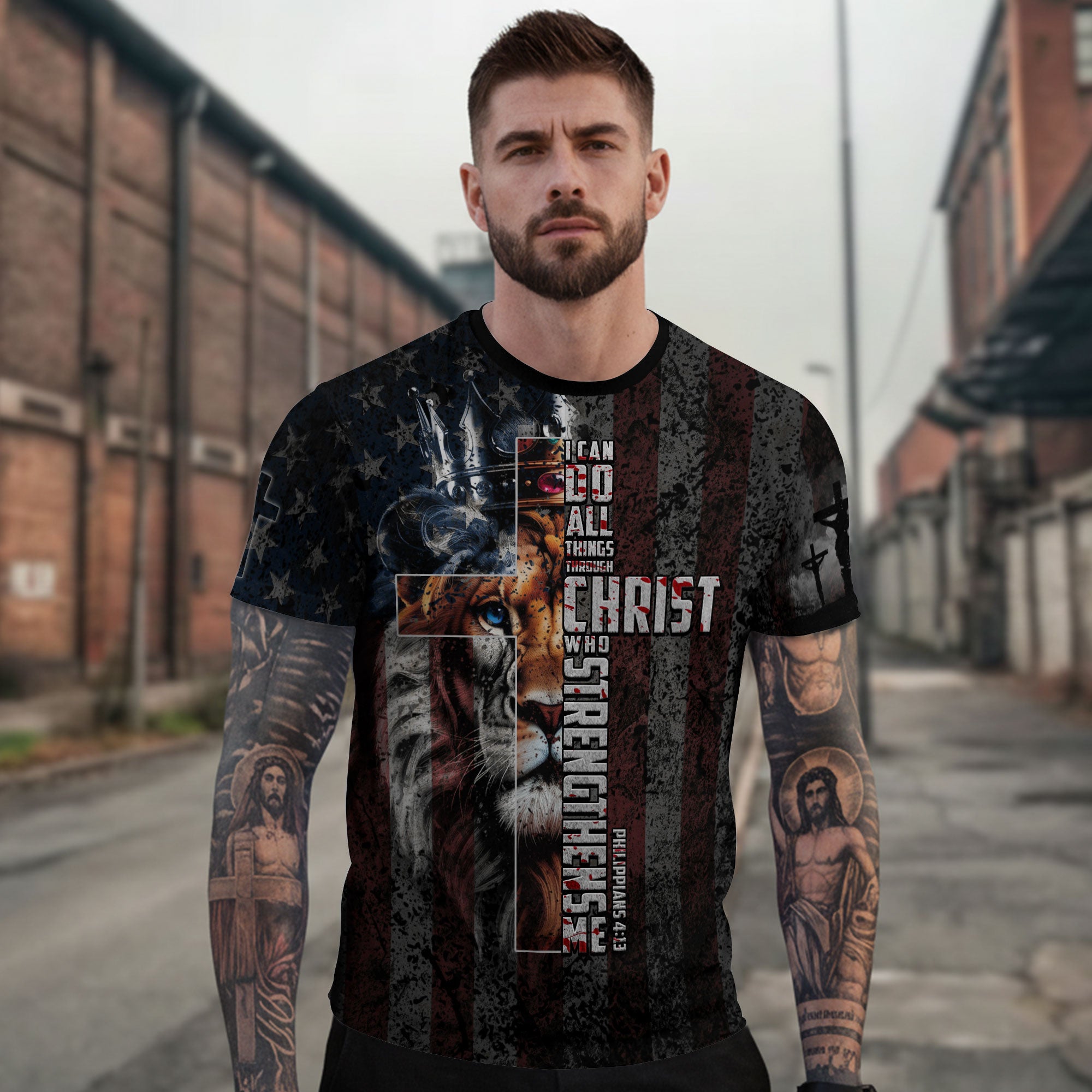 I Can Do All Things Through Christ American Flag Cross Lion Crown - RustField Co Freedom Shirts, Christian Tee Shirts for Men - Rust Field Wear