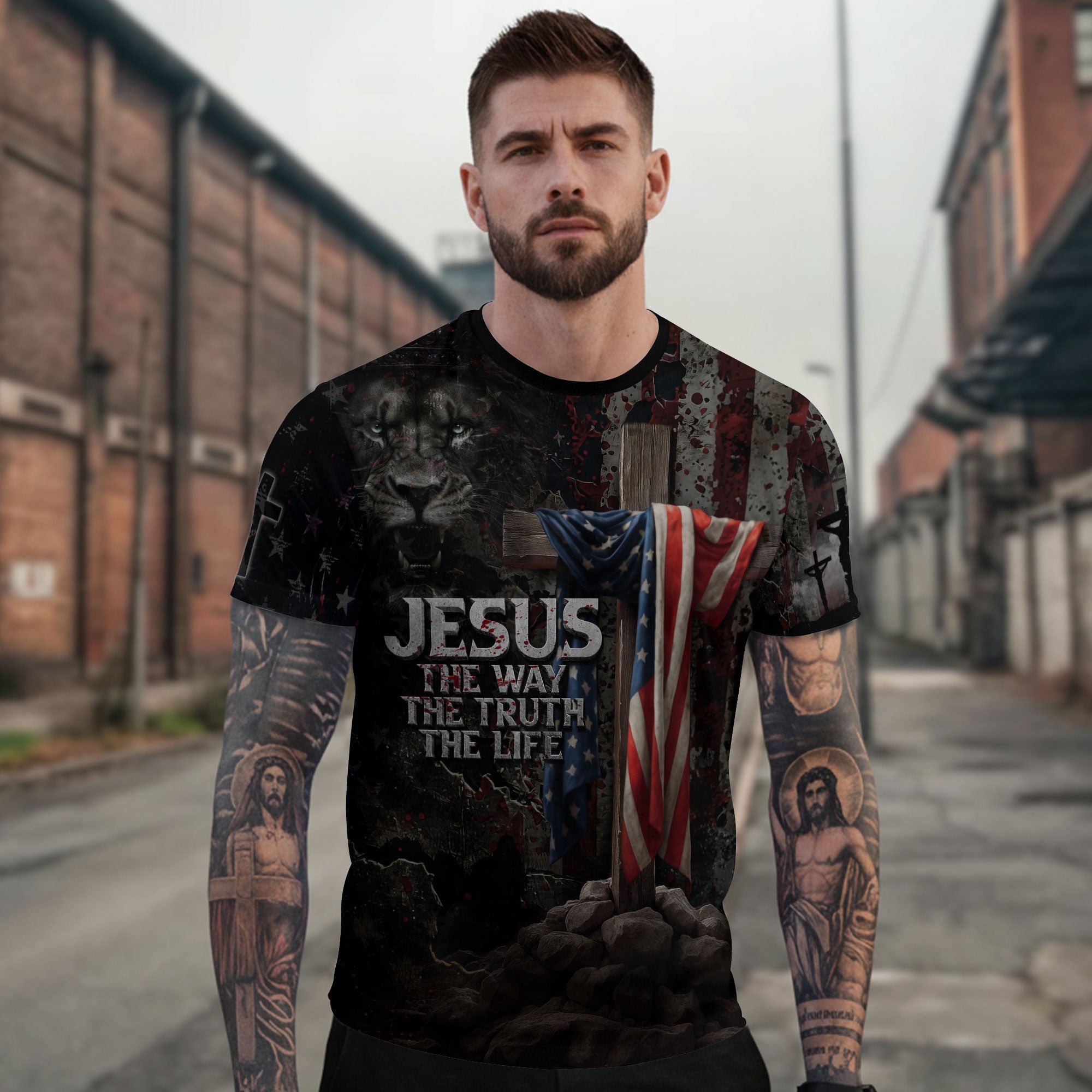 RustField Co Freedom Shirts - Jesus The Way The Truth The Life American Flag Cross Lion, Christian Tee Shirts for Men - Rust Field Wear
