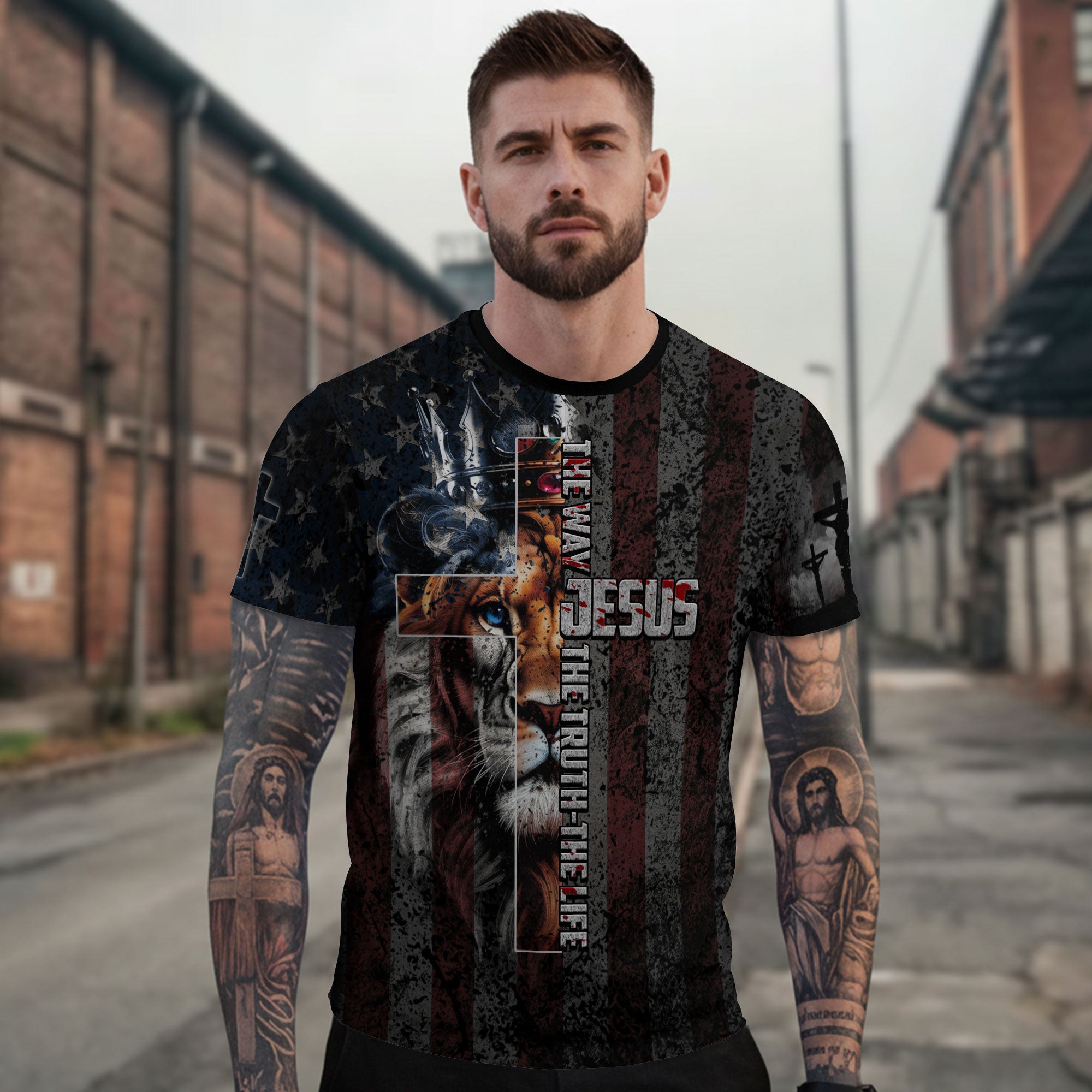 Christian Tee Shirts for Men - Jesus The Way The Truth The Life Lion Crown Cross American Flag, RustField Co Freedom Shirts - Rust Field Wear