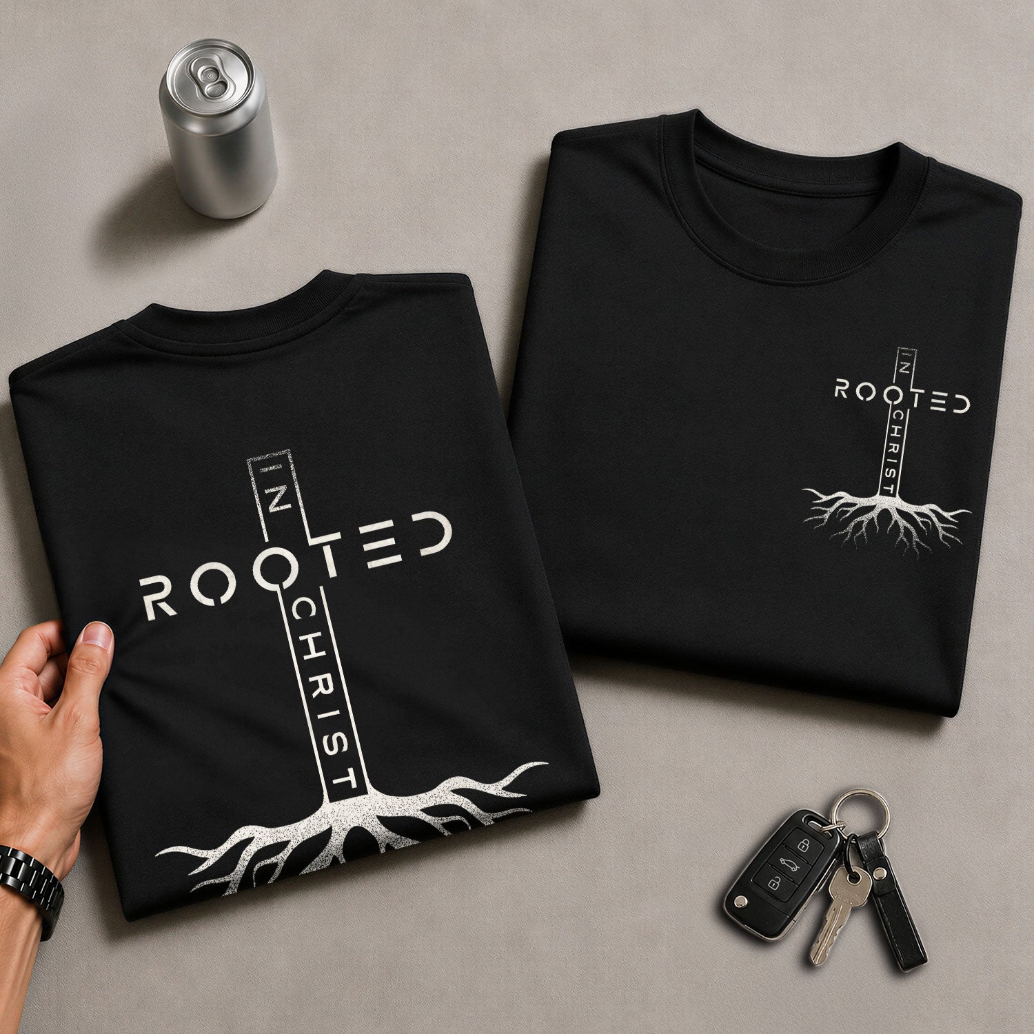 Christian Shirts for Men - Rooted In Christ Vertical Cross Roots Back Print Christian, Christian Tee Shirts - Rust Field Wear