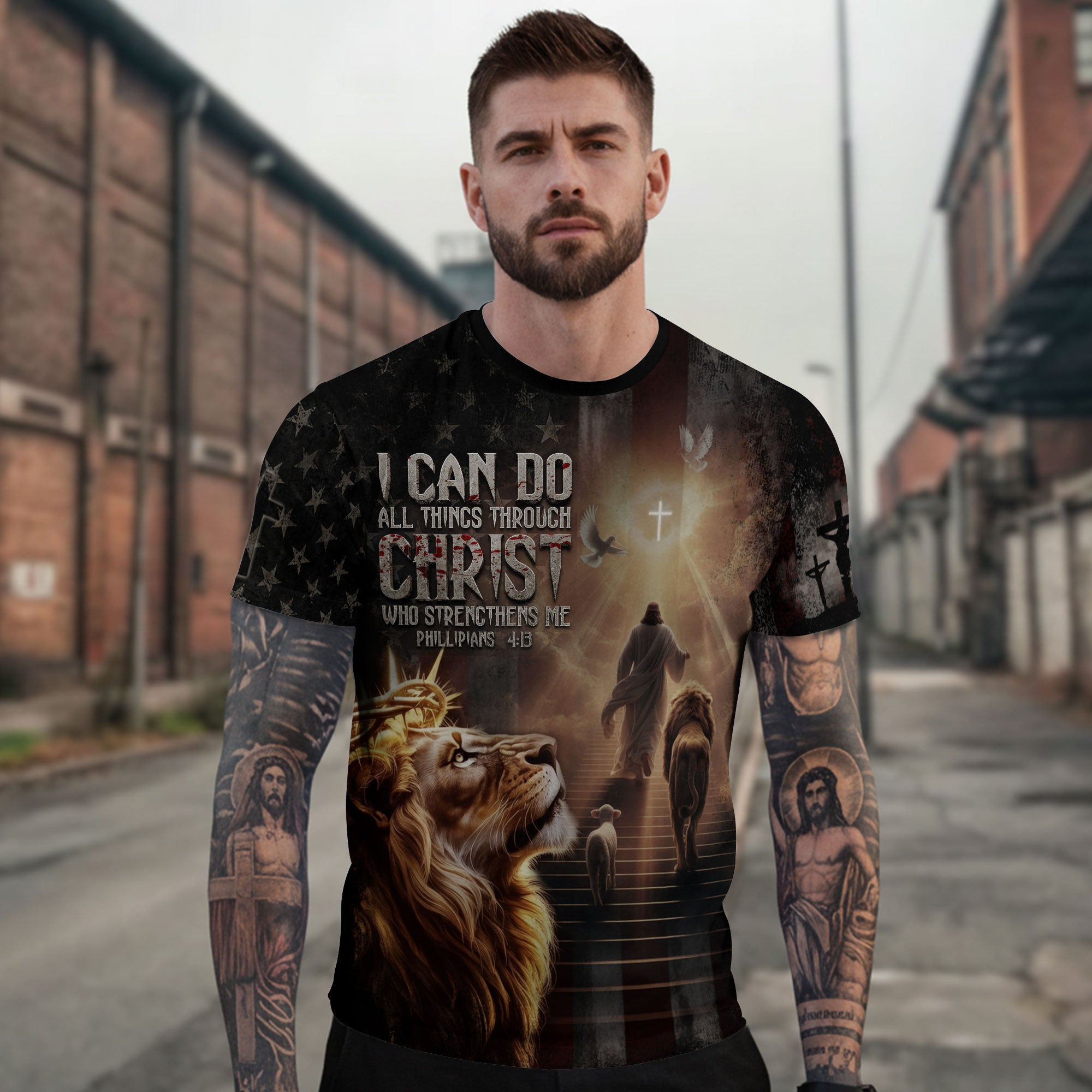 Freedom Shirts for Men, I Can Do All Things Through Christ Lion of Judah American Flag - Christian Tee Shirts, RustField Co - Rust Field Wear
