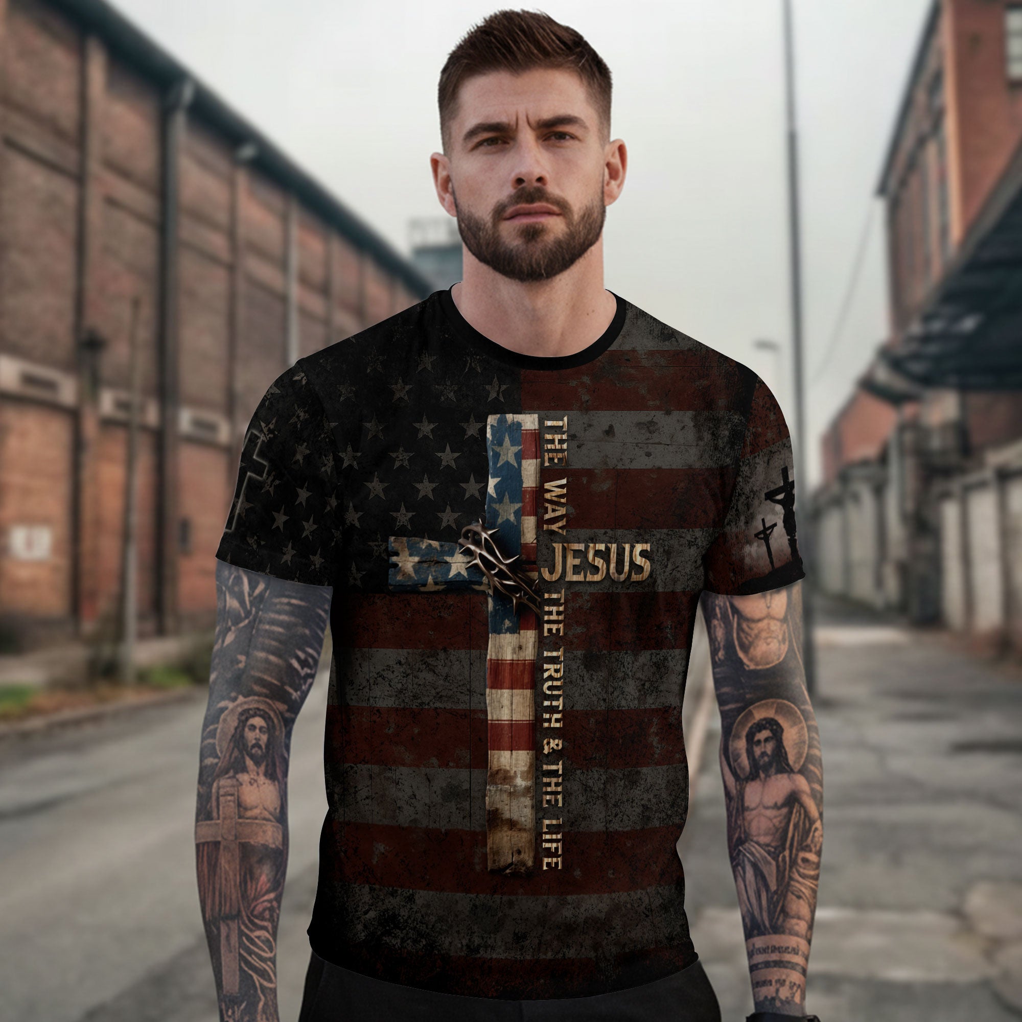 Christian Tee Shirts, Jesus The Way The Truth The Life Cross American Flag Lion - Freedom Shirts for Men, RustField Co - Rust Field Wear