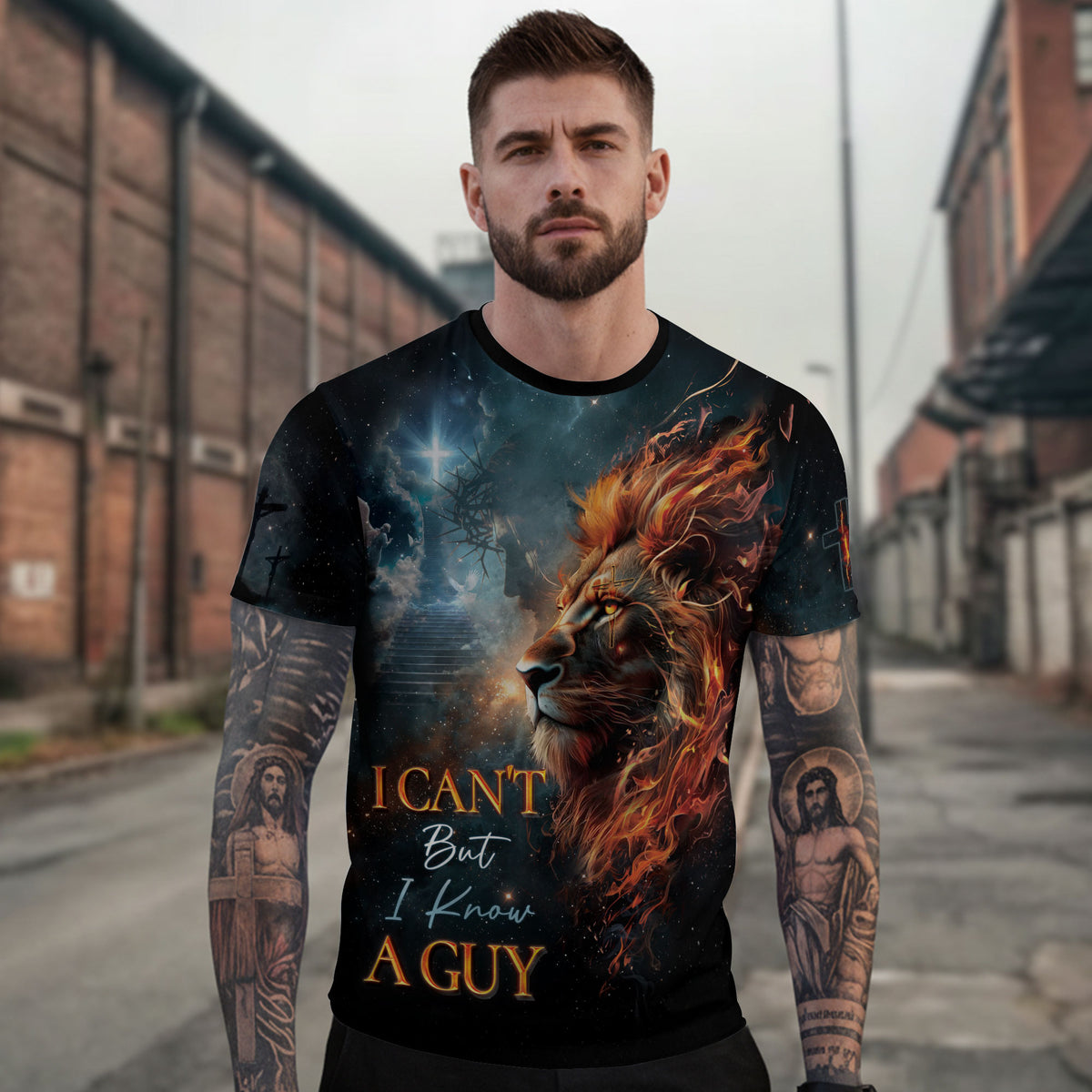 RustField Co Christian Tee Shirts - I Can't But I Know A Guy Lion of Judah Cross, Freedom Shirts for Men - Rust Field Wear