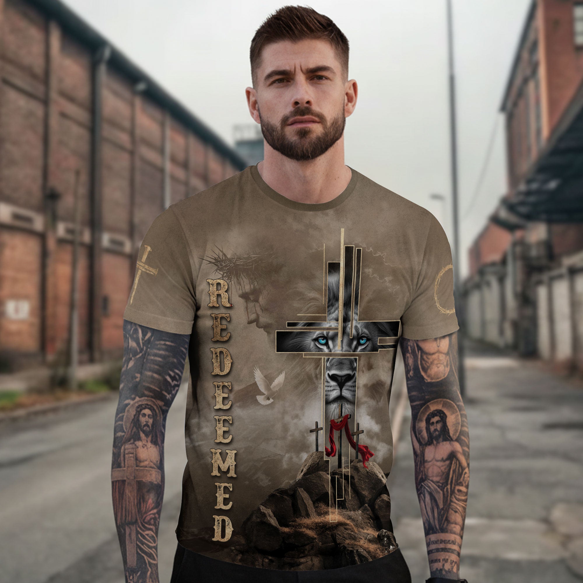 RustField Co, Redeemed Lion Cross Desert Faith - Christian Tee Shirts for Men, Freedom Shirts - Rust Field Wear