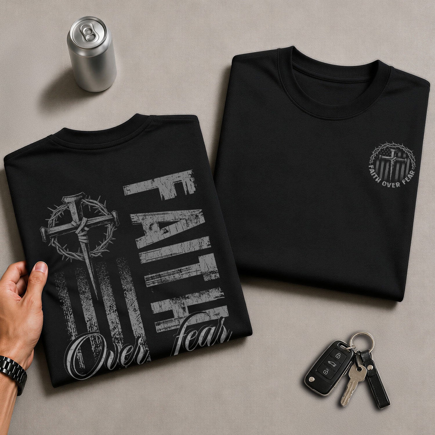 Christian Shirts for Men, Faith Over Fear Psalms 118:6 American Flag Cross Christian - Christian Tee Shirts - Rust Field Wear