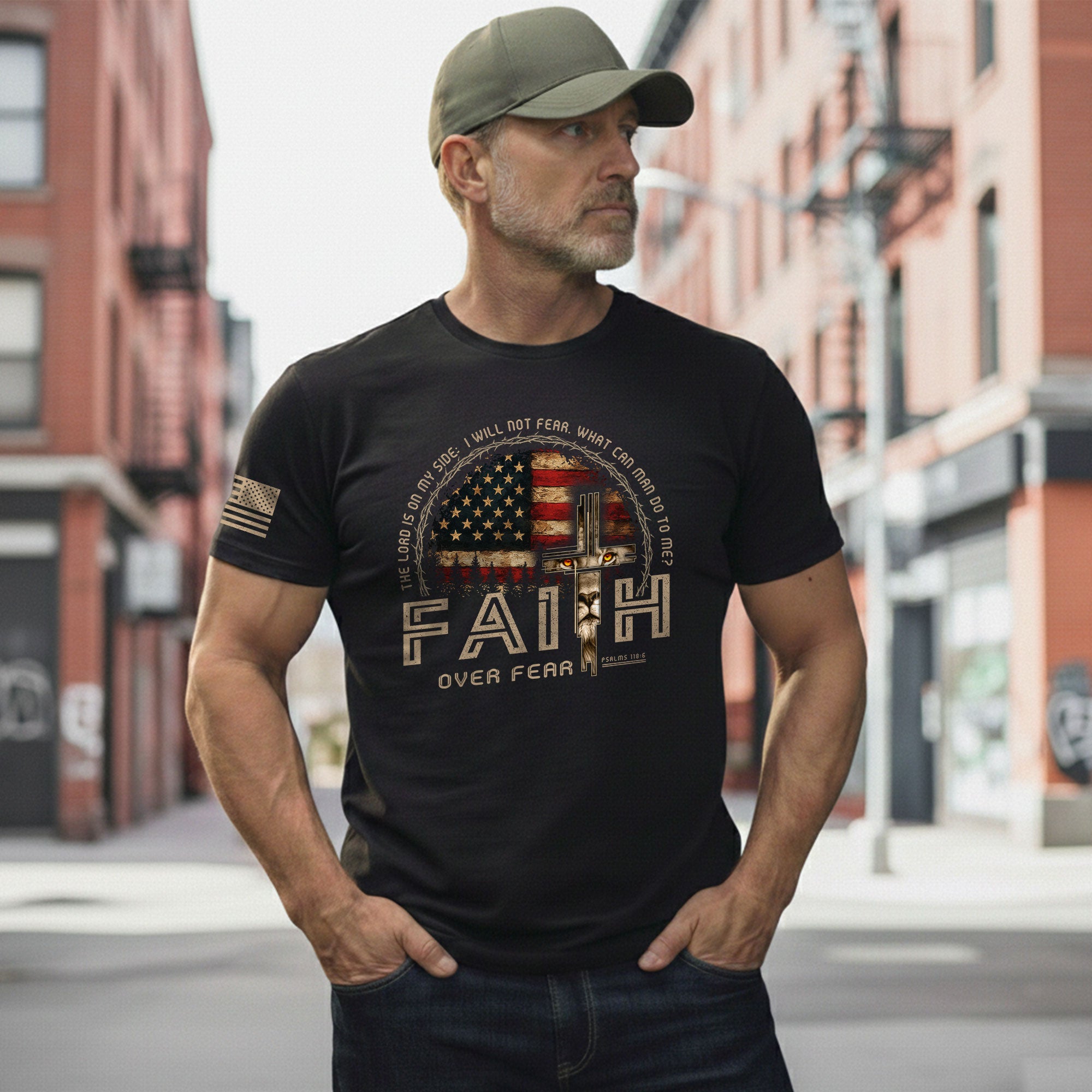 Faith Over Fear Psalms 118:6 Lion Cross American Flag Christian, Christian Shirts for Men - Christian Tee Shirts - Rust Field Wear