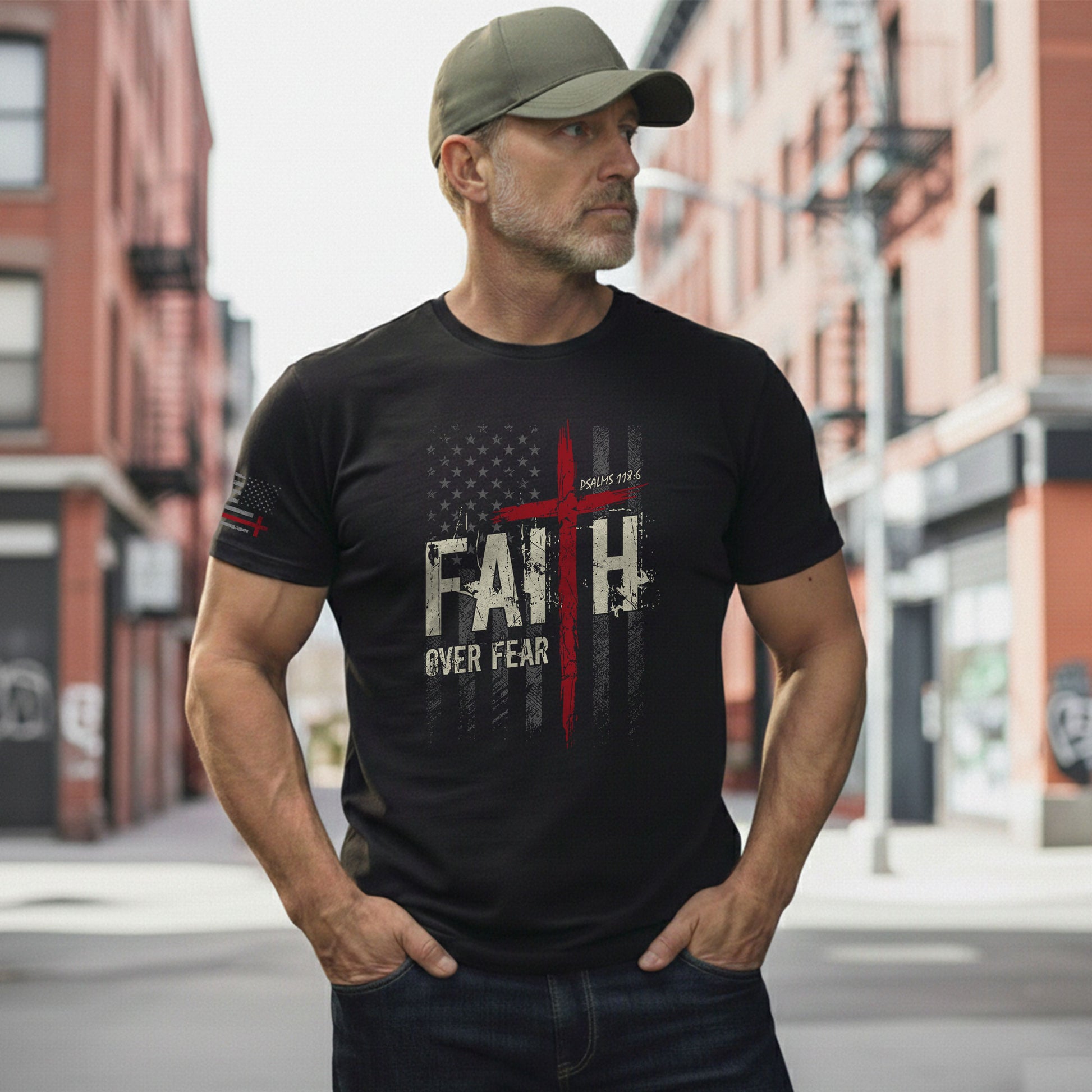 Christian Tee Shirts, Faith Over Fear Psalms 118:6 Red Cross American Flag Christian - Christian Shirts for Men - Rust Field Wear