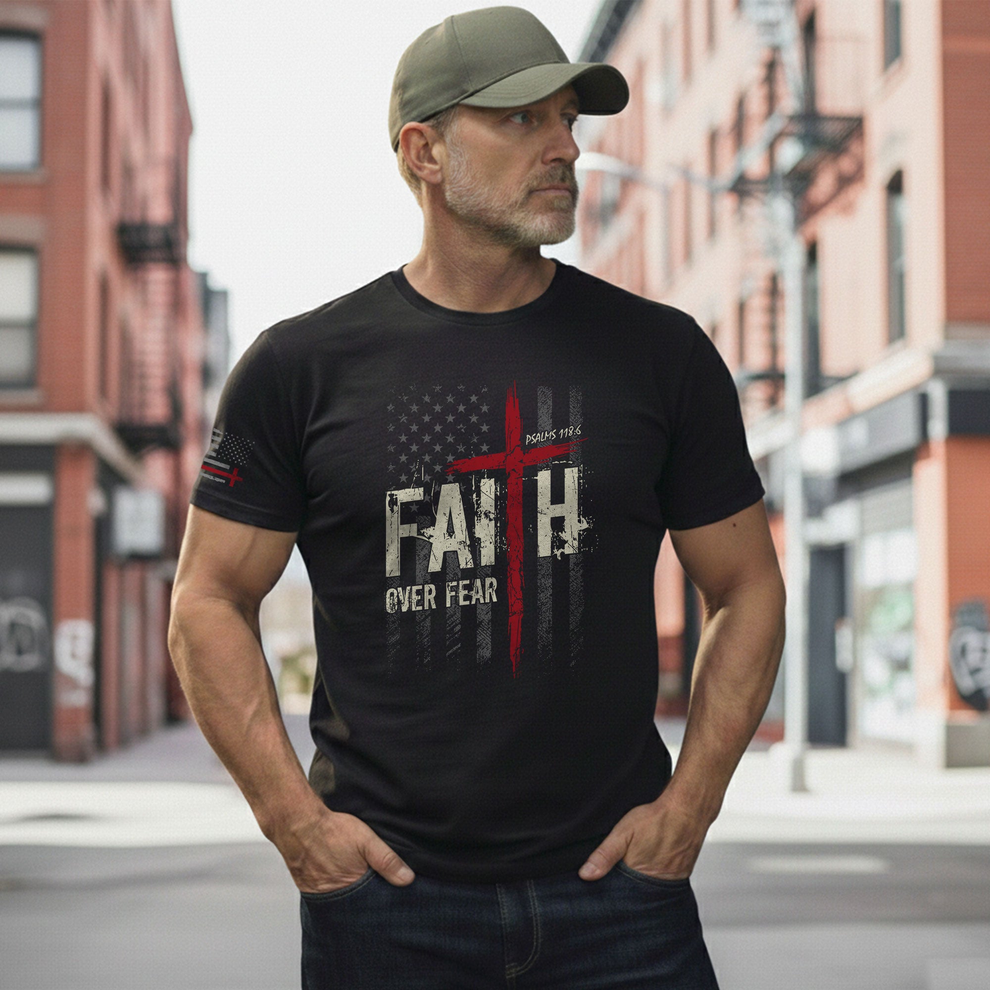Christian Tee Shirts, Faith Over Fear Psalms 118:6 Red Cross American Flag Christian - Christian Shirts for Men - Rust Field Wear