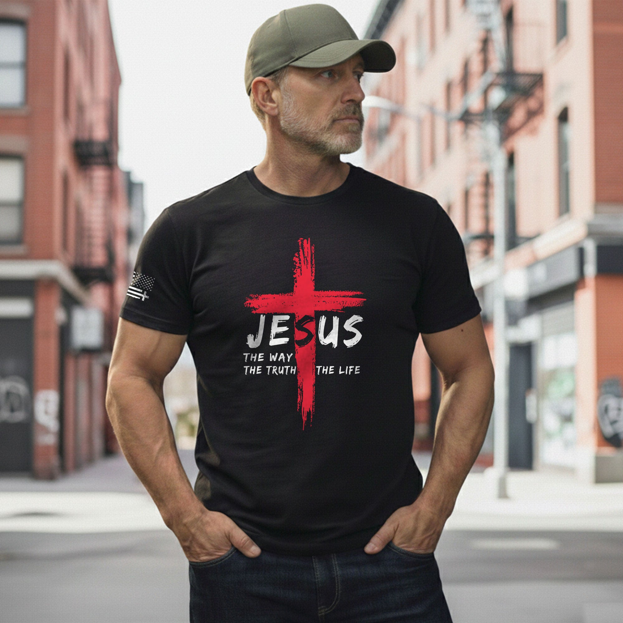 Faith Based Christian Tee Shirts, Jesus The Way The Truth The Life Red Cross Christian - Christian Shirts for Men - Rust Field Wear