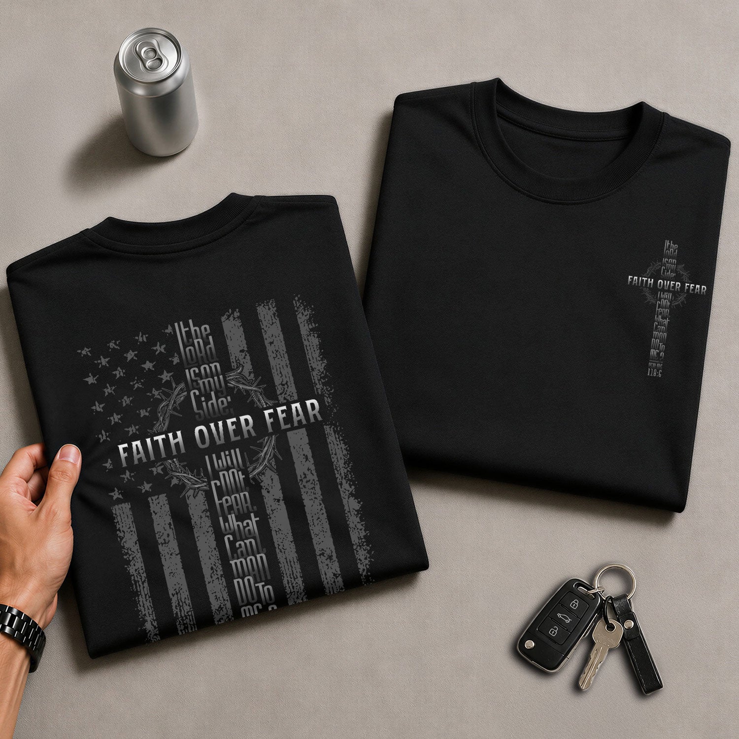 Christian Shirts for Men, Faith Over Fear American Flag Cross Psalms 118:6 Christian - Christian Tee Shirts - Rust Field Wear