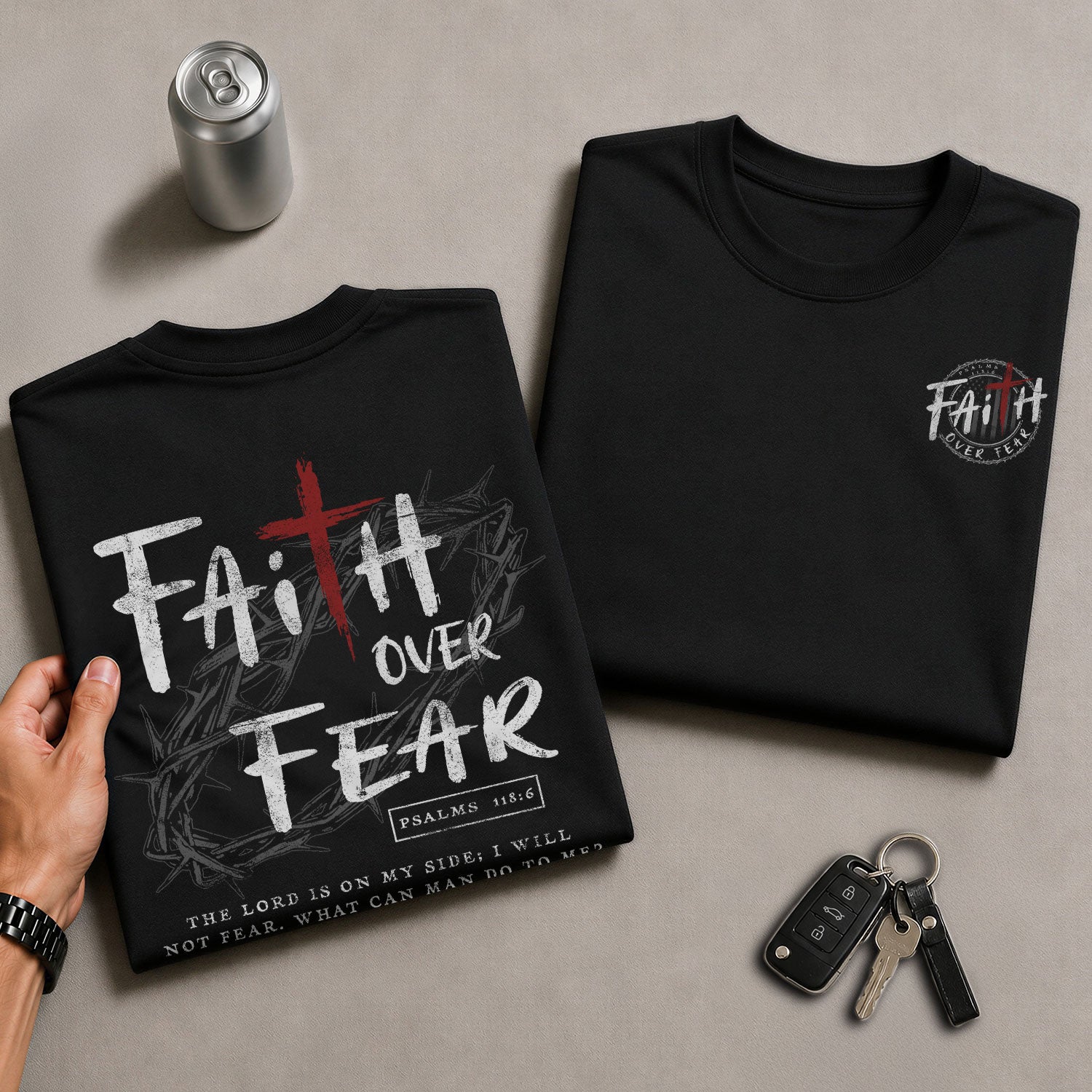 Christian Tee Shirts, Faith Over Fear Cross Crown of Thorns Psalms 118:6 Christian - Christian Shirts for Men - Rust Field Wear