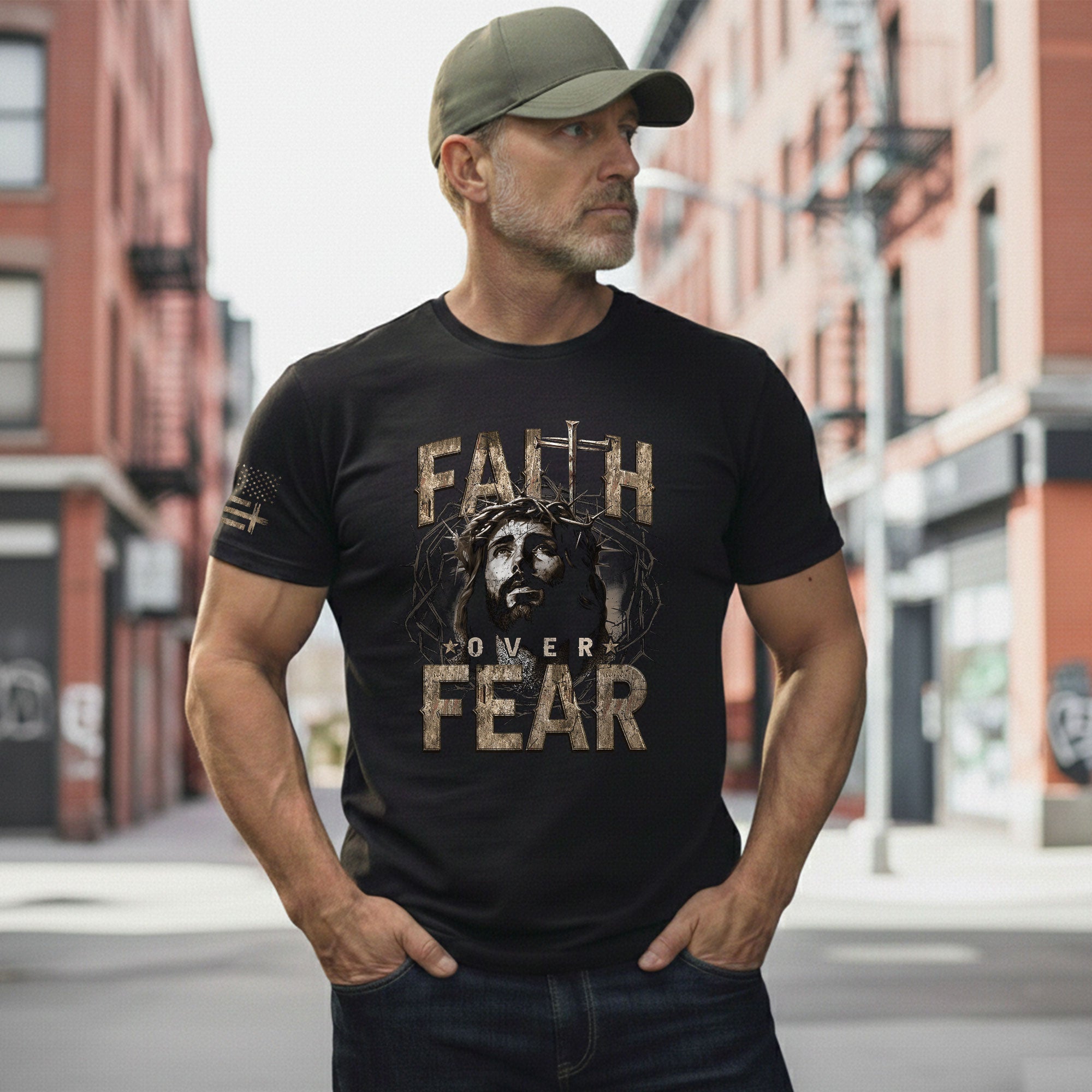 Faith Over Fear Christian Jesus Crown Cross Design, Christian Tee Shirts - Faith Shirts for Men - Rust Field Wear