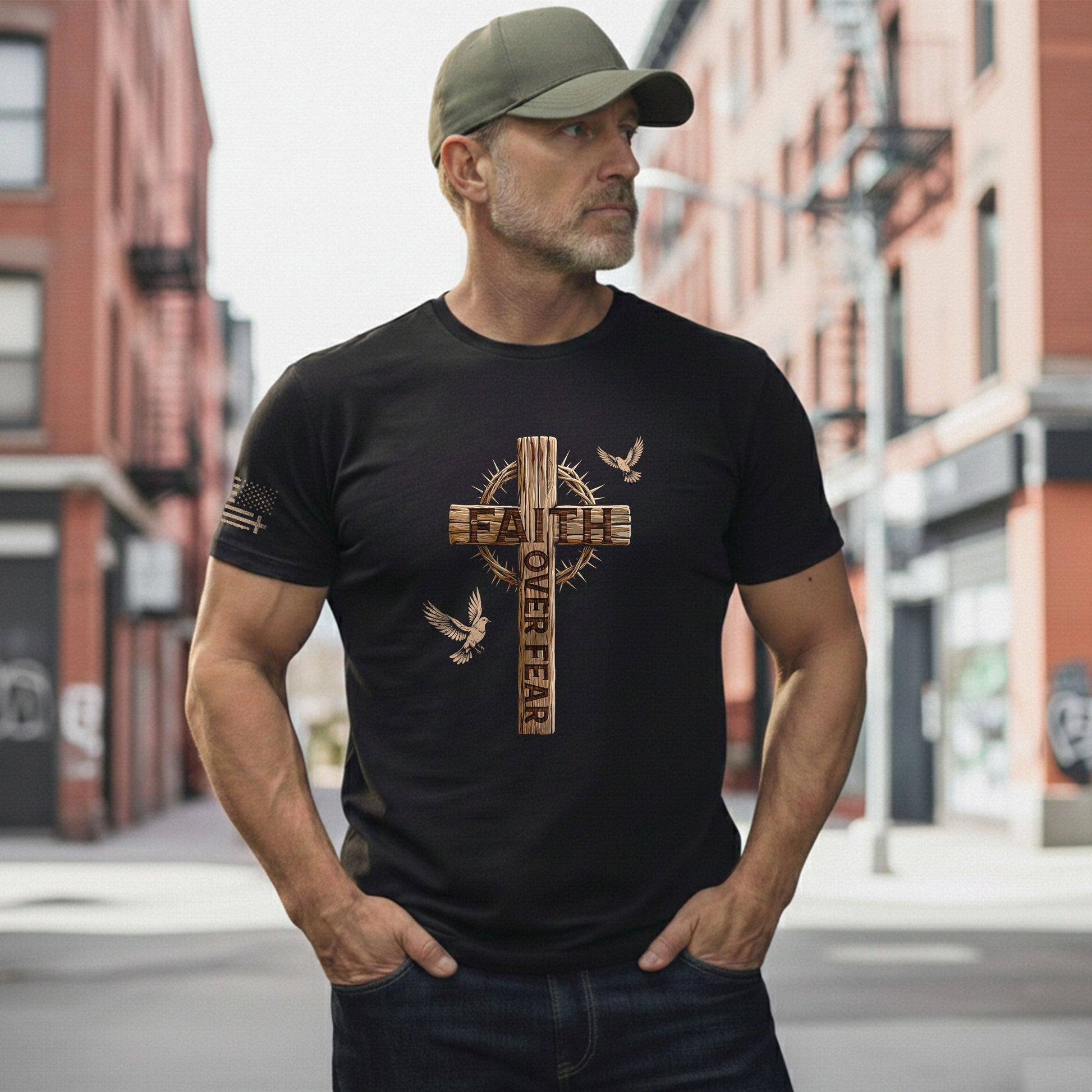 Faith Over Fear Christian Wooden Cross Crown of Thorns Design, Christian Tee Shirts - Faith Shirts for Men - Rust Field Wear
